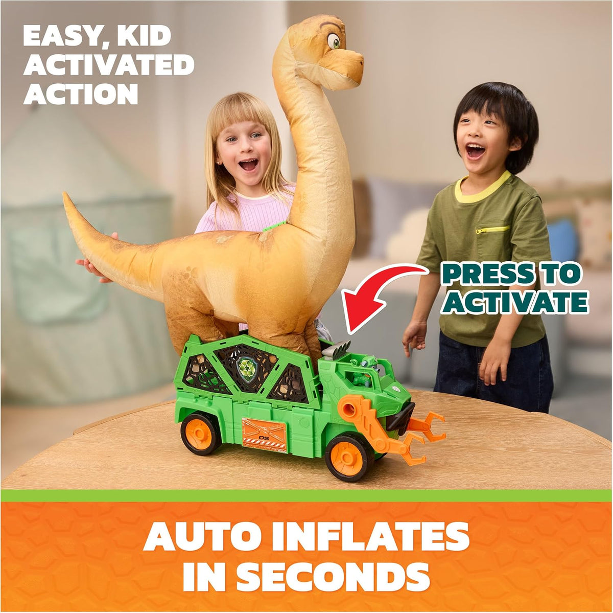 PAW PATROL: The Dino Movie Rocky's Megasaurus Transport Vehicle, Push Button Inflatable