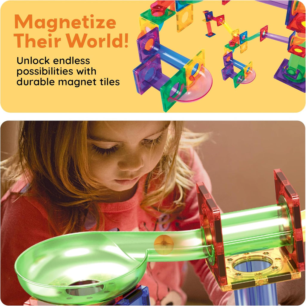 PicassoTiles 108pc Magnetic Marble Run Set with Building Tiles Race Track Car Slides Set
