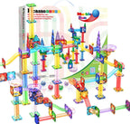 PicassoTiles 108pc Magnetic Marble Run Set with Building Tiles Race Track Car Slides Set