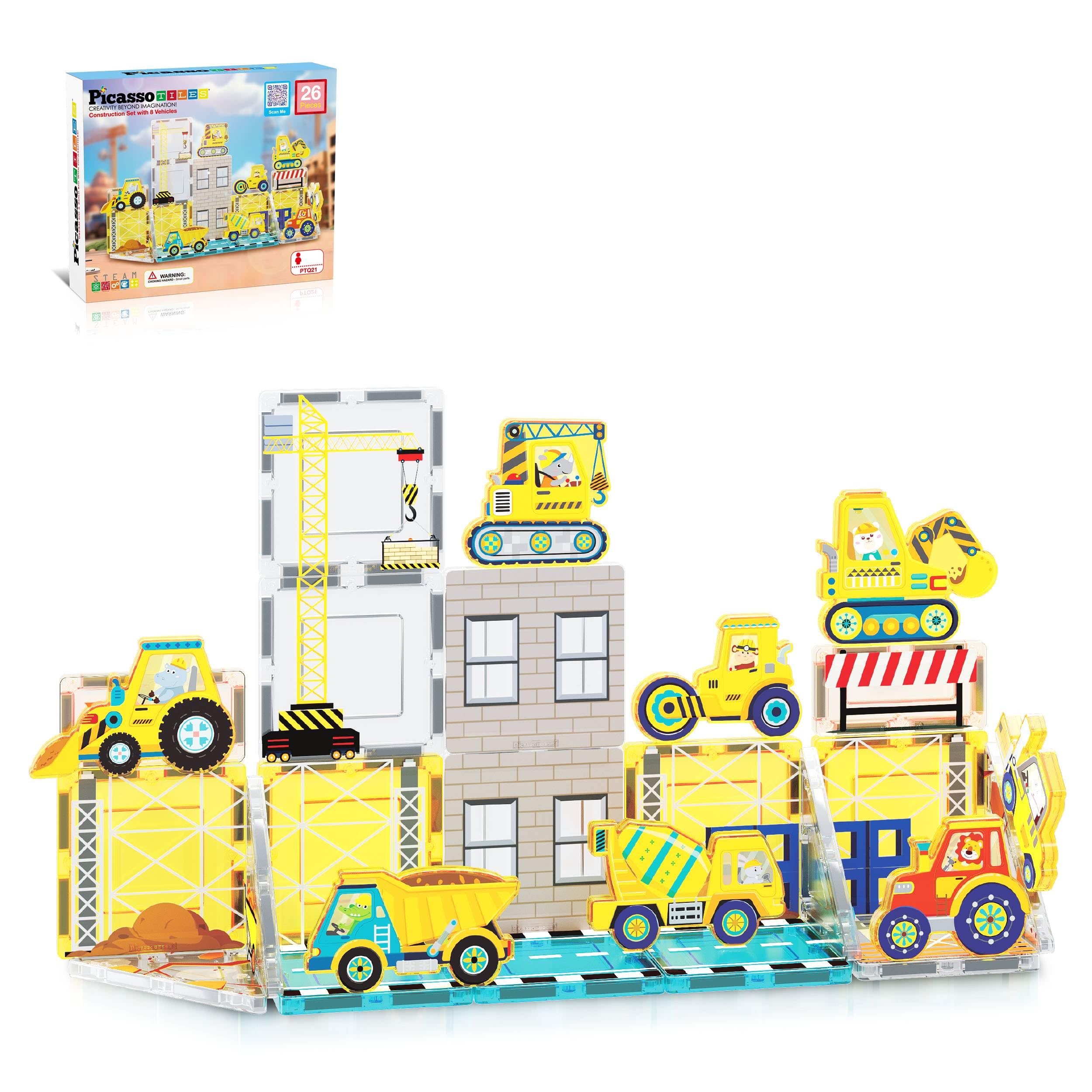 PicassoTiles Magnetic Tile Construction Set with 8 Vehicle Figures and 18 Printed Panels STEM Educational Building Kit for Kids Age 3 Plus Creative Play Learning Blocks Motor Skills Development PTQ21 Construction 8*6.25*1.88in