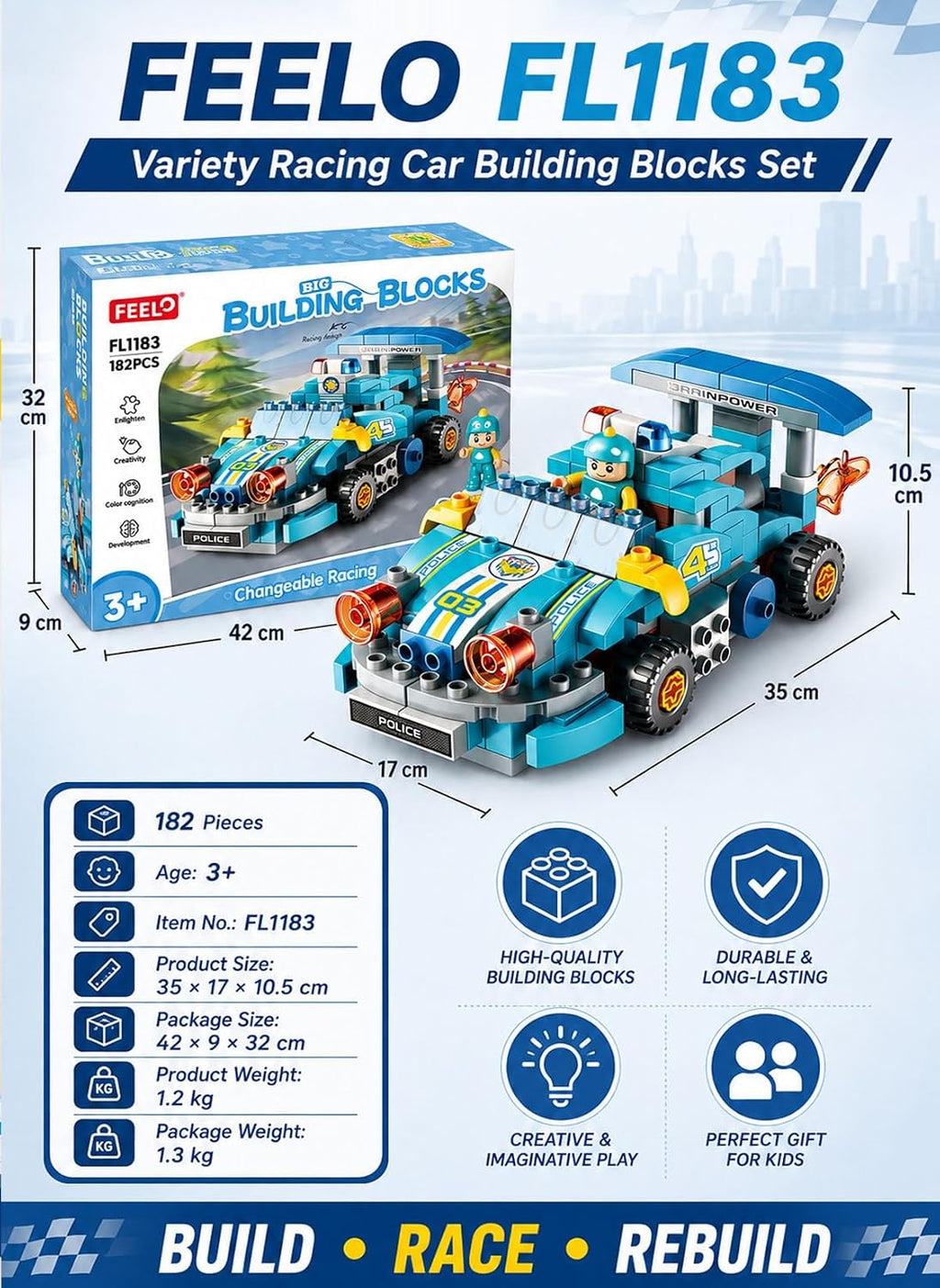 Graffic Giraffe Variety Racing Car Building Blocks Set 182 Pieces for Kids Age 3+, Multi