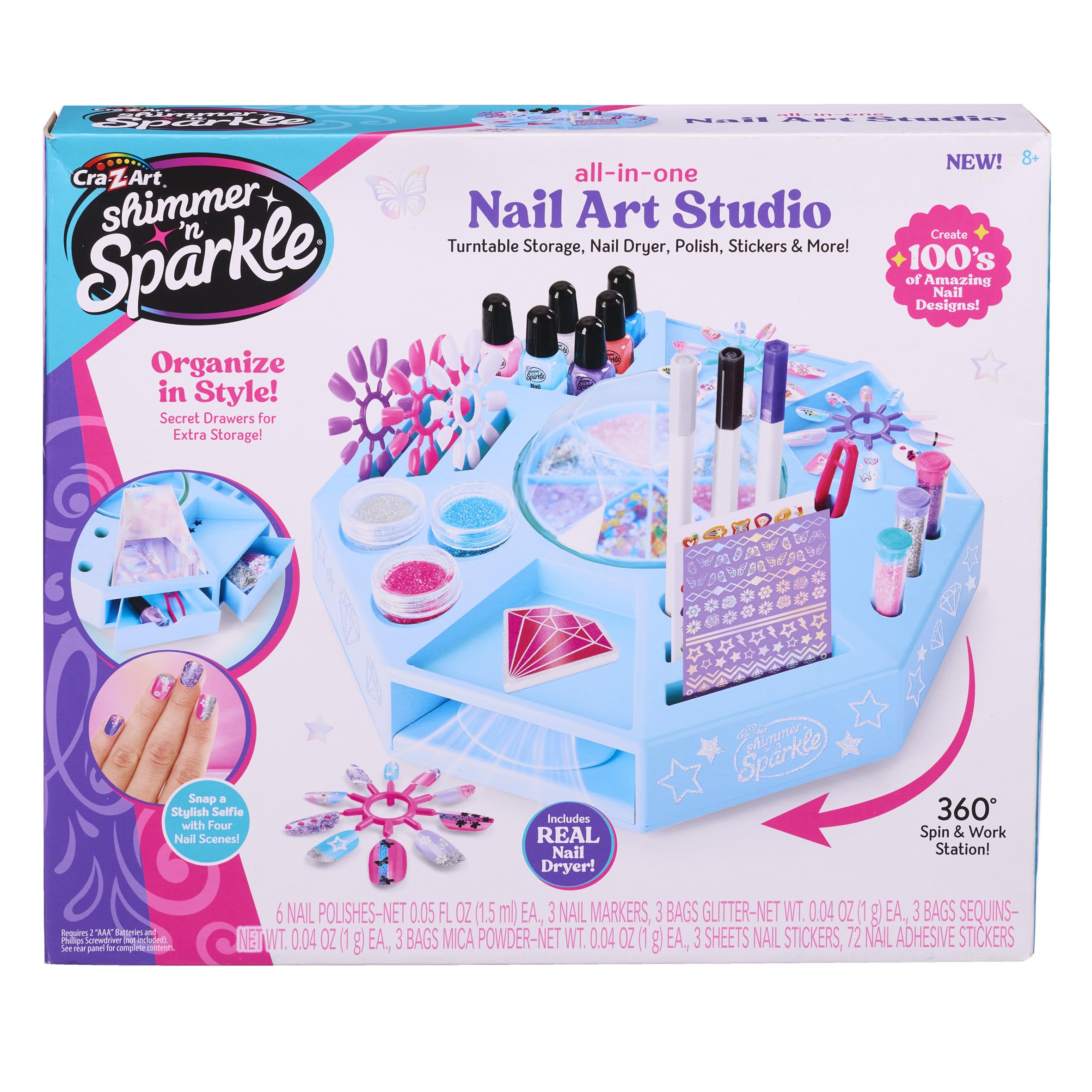 CRA-Z-ART Shimmer N Sparkle All In One Nail Art Studio With 360 turntable real working nail dryer and storage compartments Includes Nail polish, nail stickers