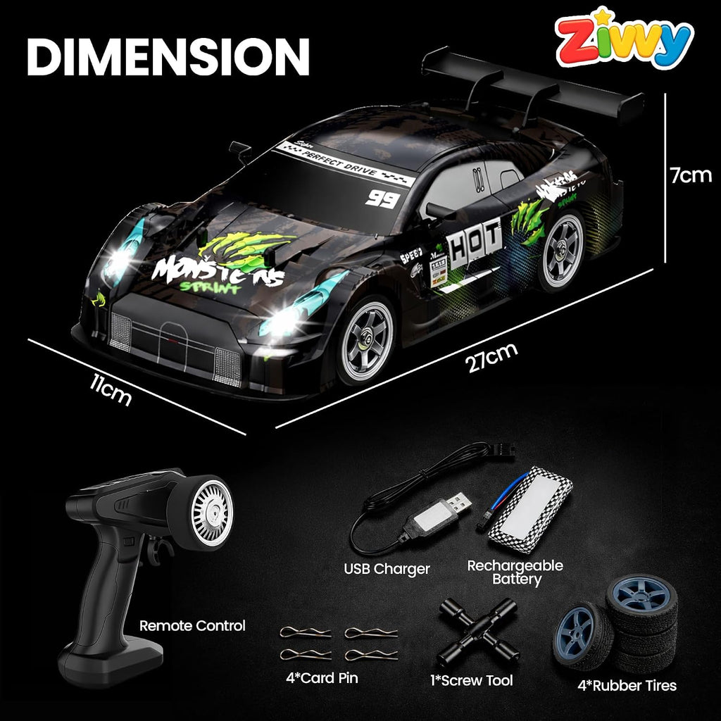 Zivvy Big Remote Control Car Black | 2.4G RC Drift Vehicle with 100 m Range, Smoke Effect, Neon Lights & Music | Rechargeable Remote Control Car | Best Gift for Boys & Girls 2 3 4 5 6 7 8+ Years