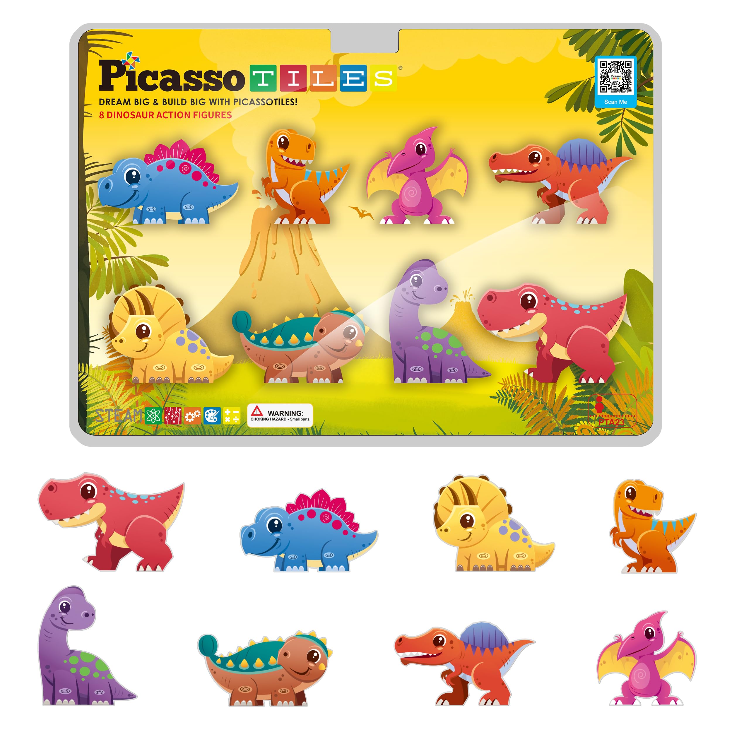 PicassoTiles Dinosaur Toys Magnet Tiles Building Blocks 8 Magnetized Action Figures Compatible Magnetic Construction Build and Play Tile Accessory Toy STEAM Educational Learning Toys Kids Ages 3+ Multicolored