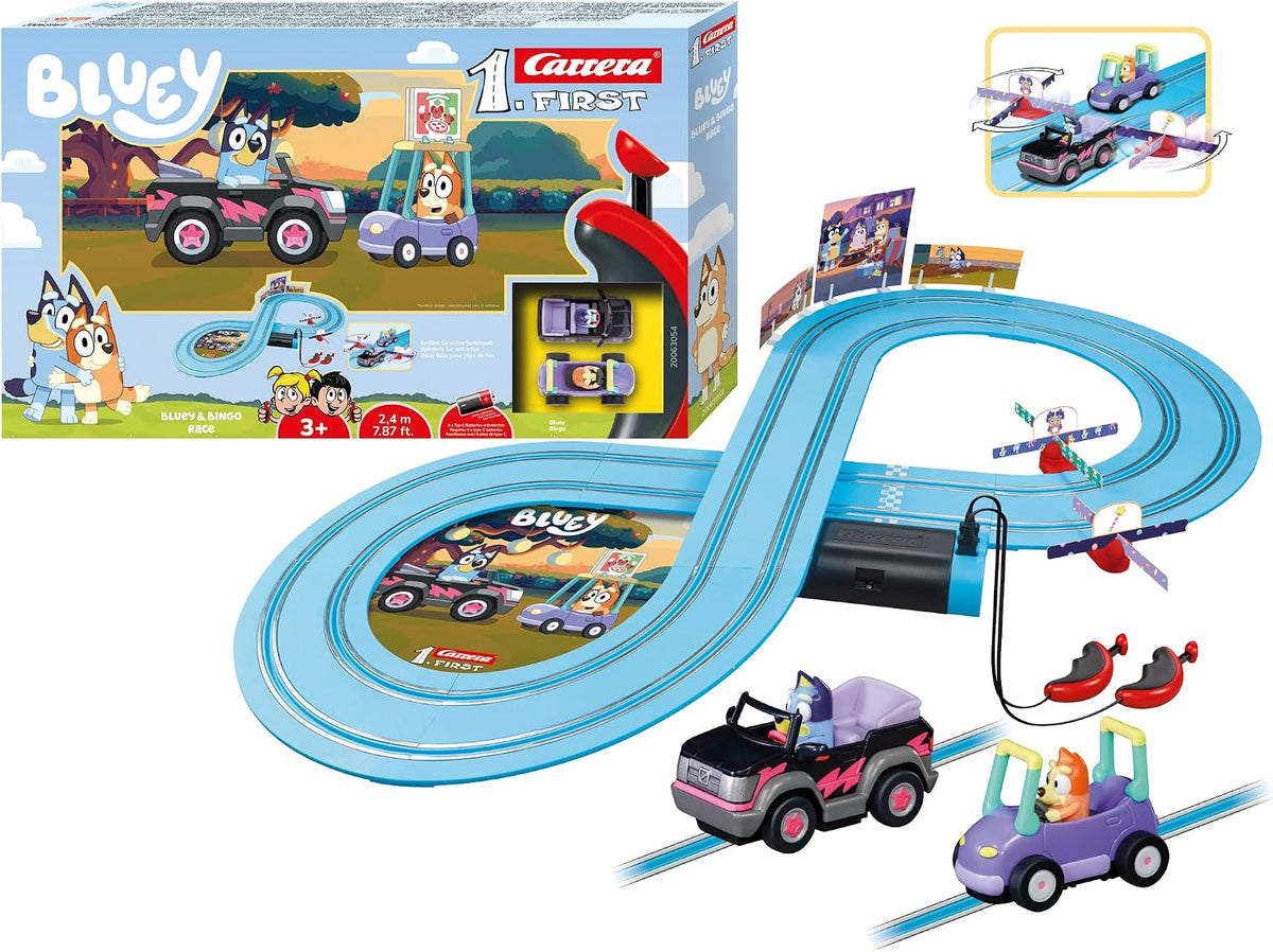 Carrera FIRST First Year Bluey & Bingo Slot Car Racing Set (2.4m) I Battery