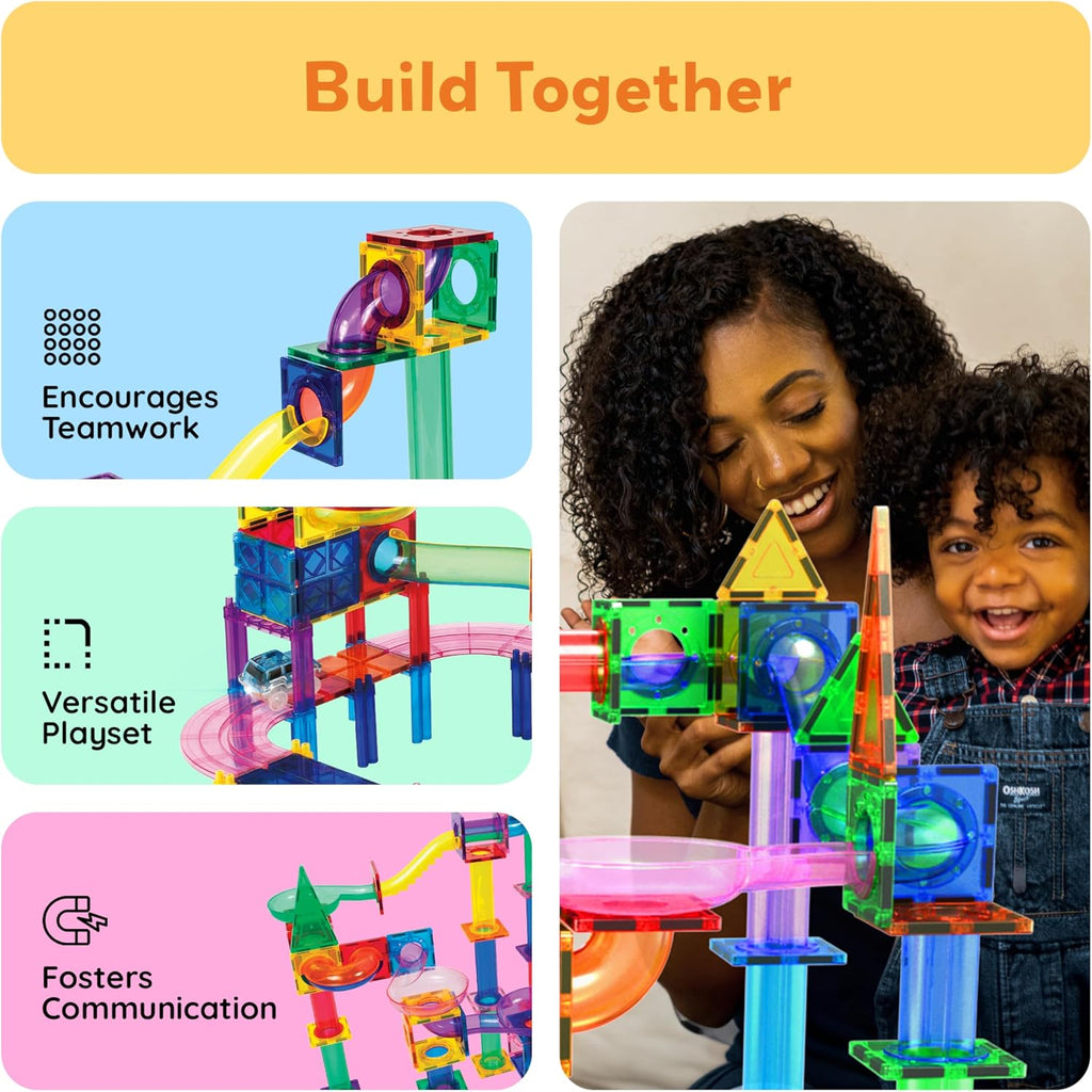 PicassoTiles 108pc Magnetic Marble Run Set with Building Tiles Race Track Car Slides Set