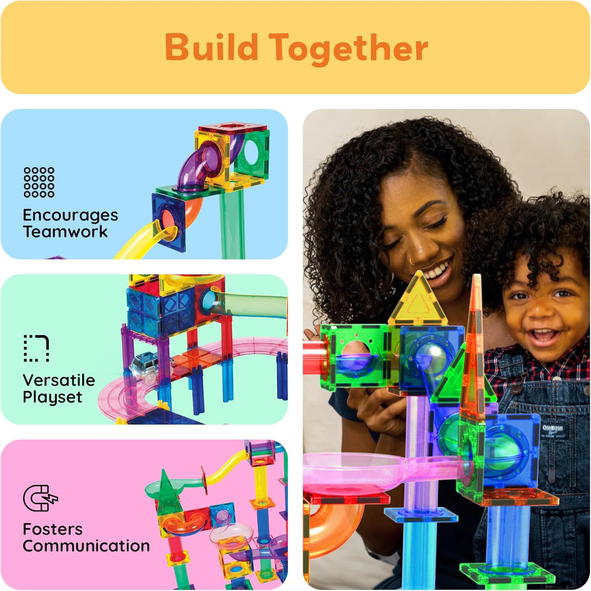 PicassoTiles 108pc Magnetic Marble Run Set with Building Tiles Race Track Car Slides Set