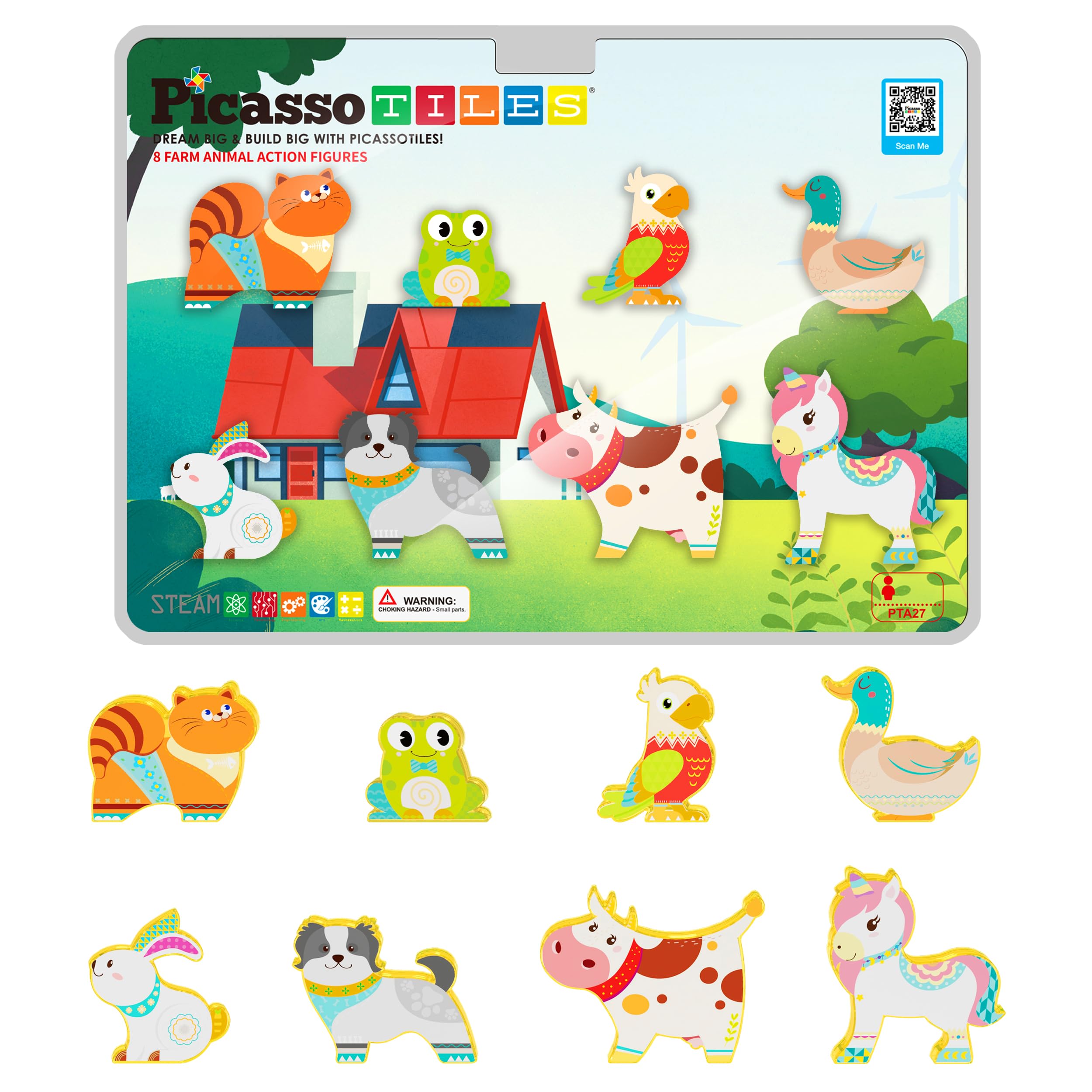 PicassoTiles Magnetic Tiles 8 Character Farm Animal Accessory Add on Set Compatible with Picasso Magnet Tile Playsets Pretend Play Preschool Toy STEM Educational Toys for Learning Kids Ages 3+ PTA27 8 Farm Animal