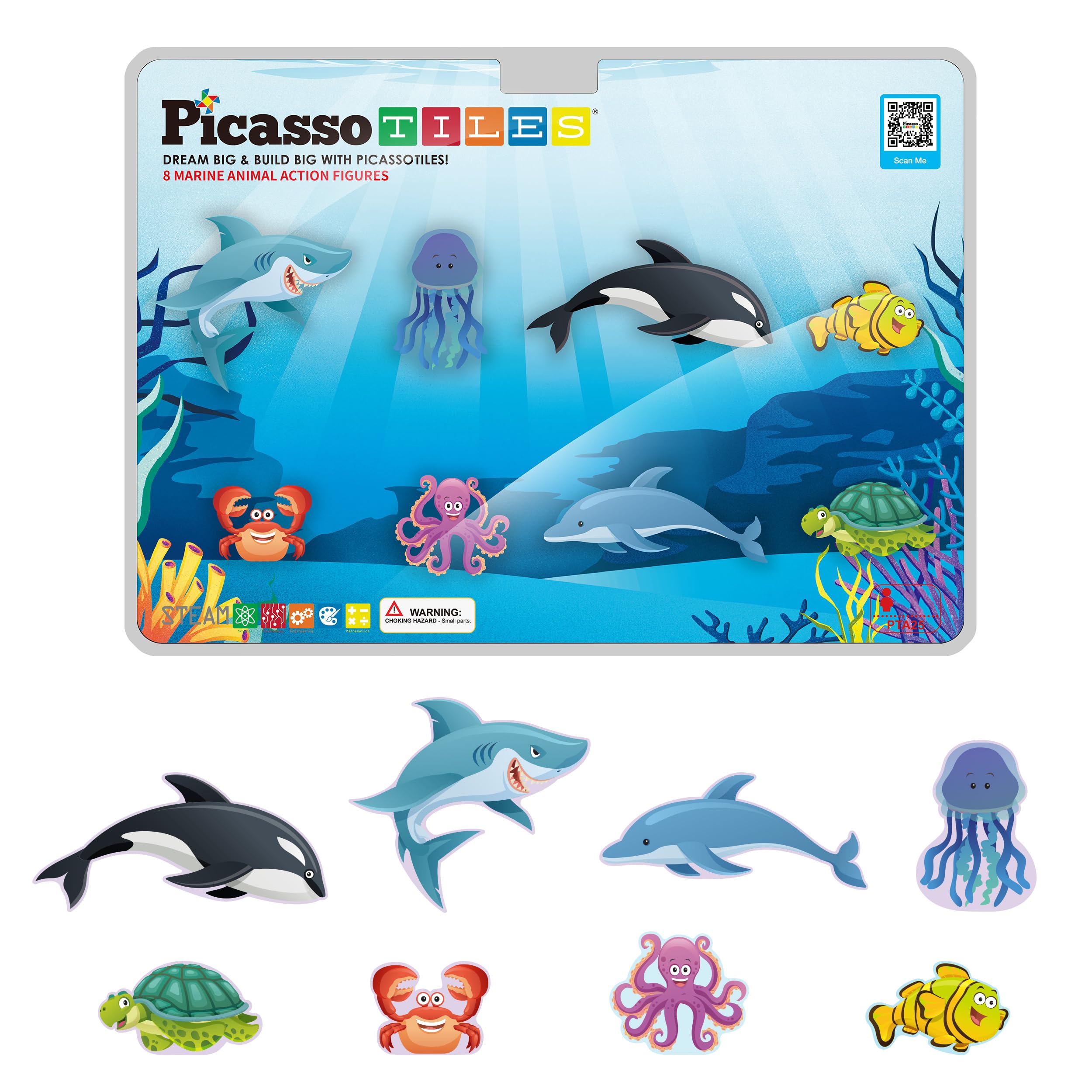 PicassoTiles Magnet Tile Building Blocks 8 Marine Animal Action Figures Compatible Magnetic Accessory Playset Tiles Kids Toys STEM Educational Learning Preschool Toddler Girls Boys Age 3+ PTA25