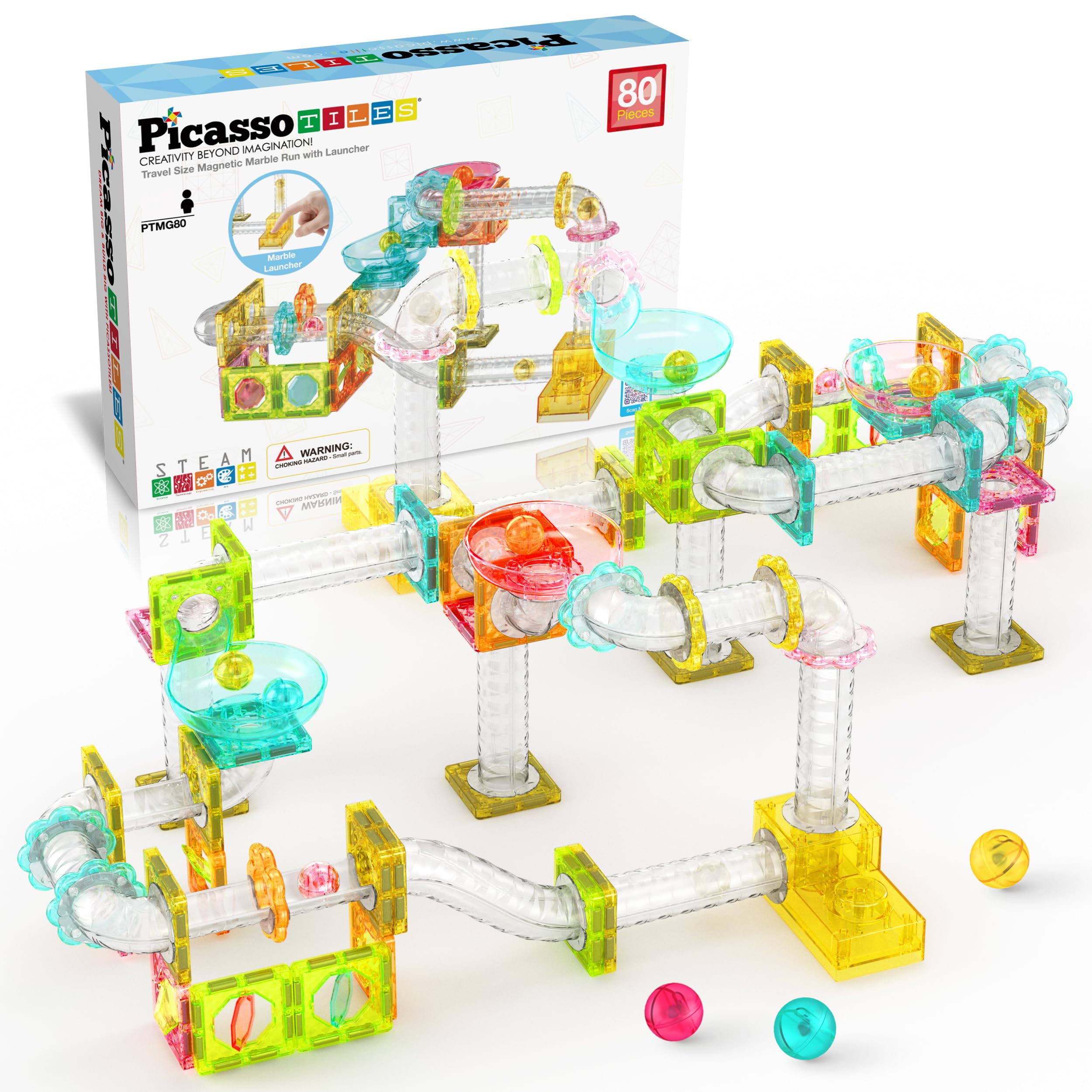 PicassoTiles Magnet Tile Building Block 80pc Marble Run Race Track Travel Size Pretend Play Toy With Launcher Lifter STEM Education Learning Magnetic Tiles Construction Kit School Boys Girls 3+ PTMG80 Mini Marble 80 Pcs