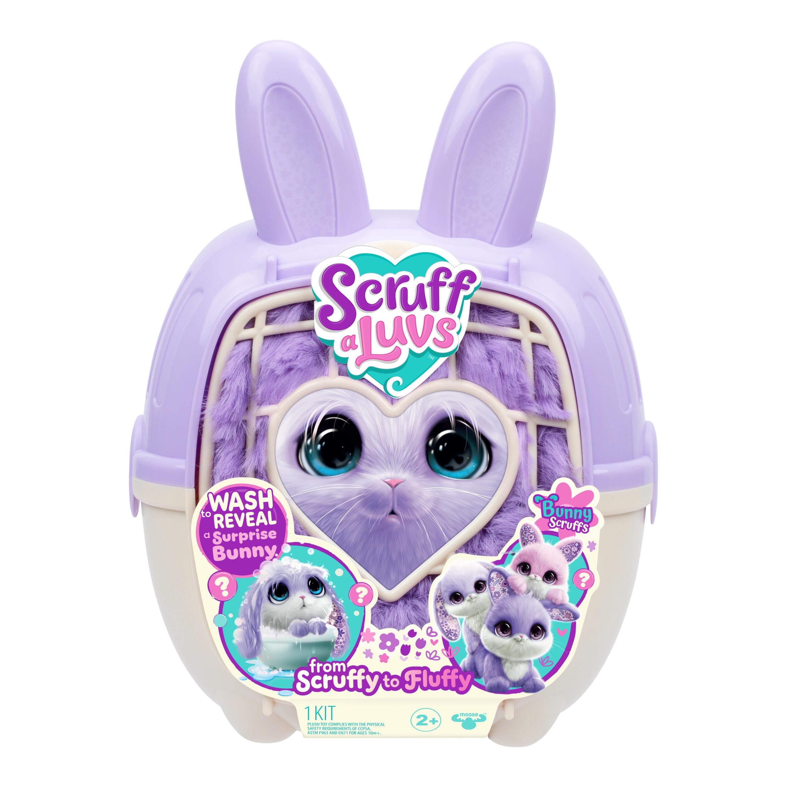 ScruffaLuvs 14cm Bunny Scruff Surprise Plush Toy with Magic Water Reveal + Deluxe Transport Box 29cm