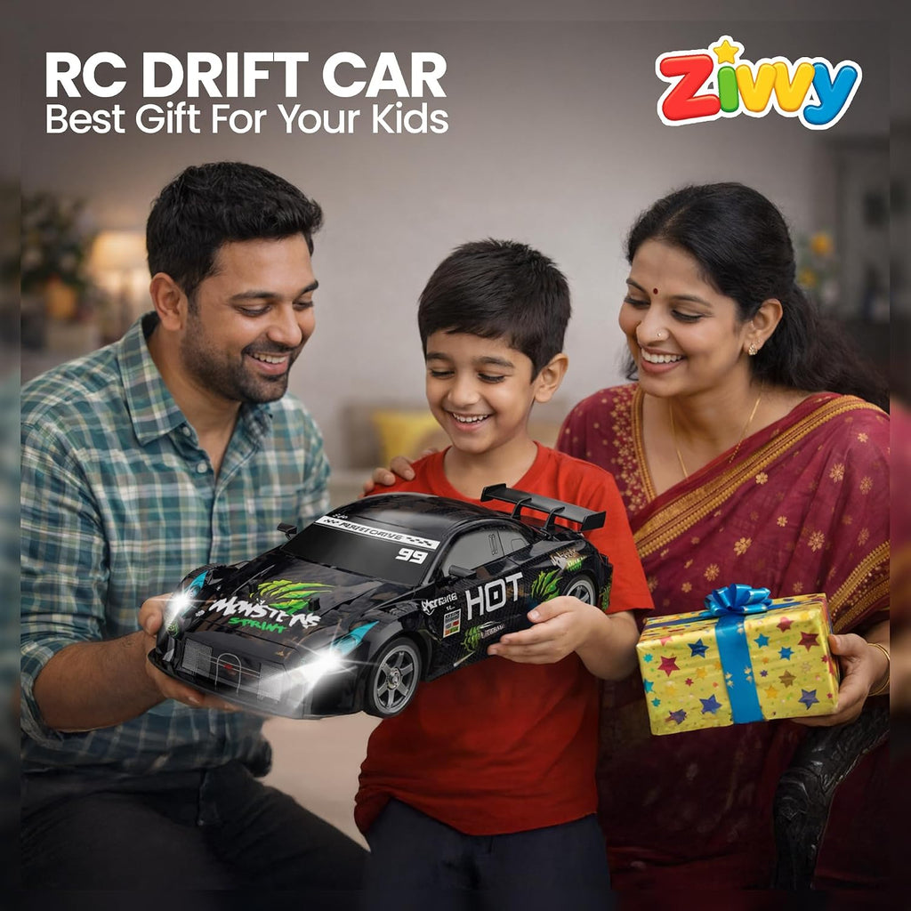 Zivvy Big Remote Control Car Black | 2.4G RC Drift Vehicle with 100 m Range, Smoke Effect, Neon Lights & Music | Rechargeable Remote Control Car | Best Gift for Boys & Girls 2 3 4 5 6 7 8+ Years
