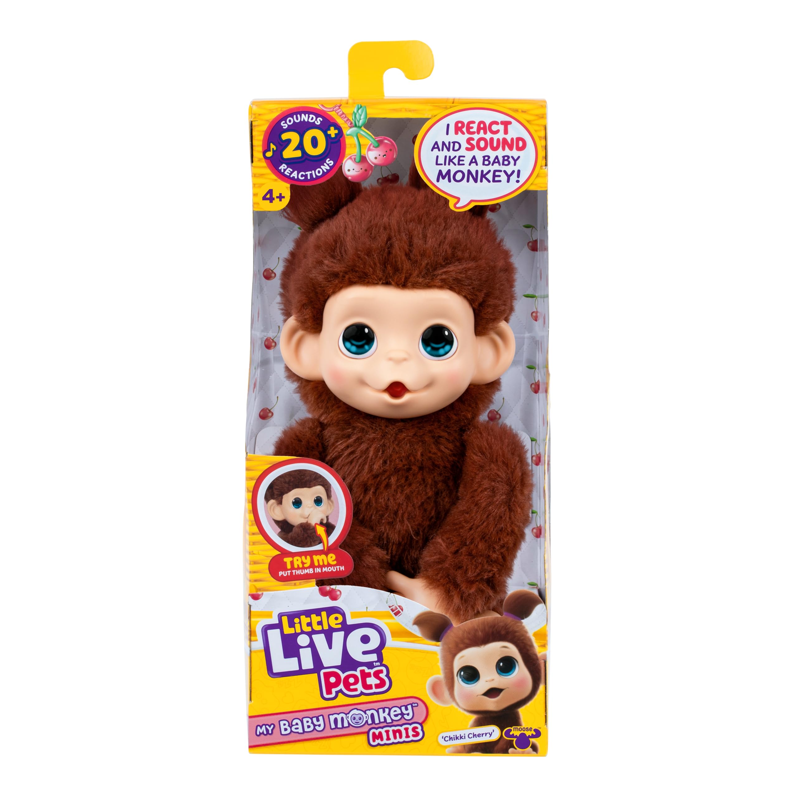Little Live Pets Baby Monkey Minis – Chikki Cherry. Interactive Pet Toy. 20+ Sounds & Reactions. Soft Brown Fur. 7.4" Tall. Super Realistic. Feed, Nurture, React. Grippy Hands & Feet. Collect All 3
