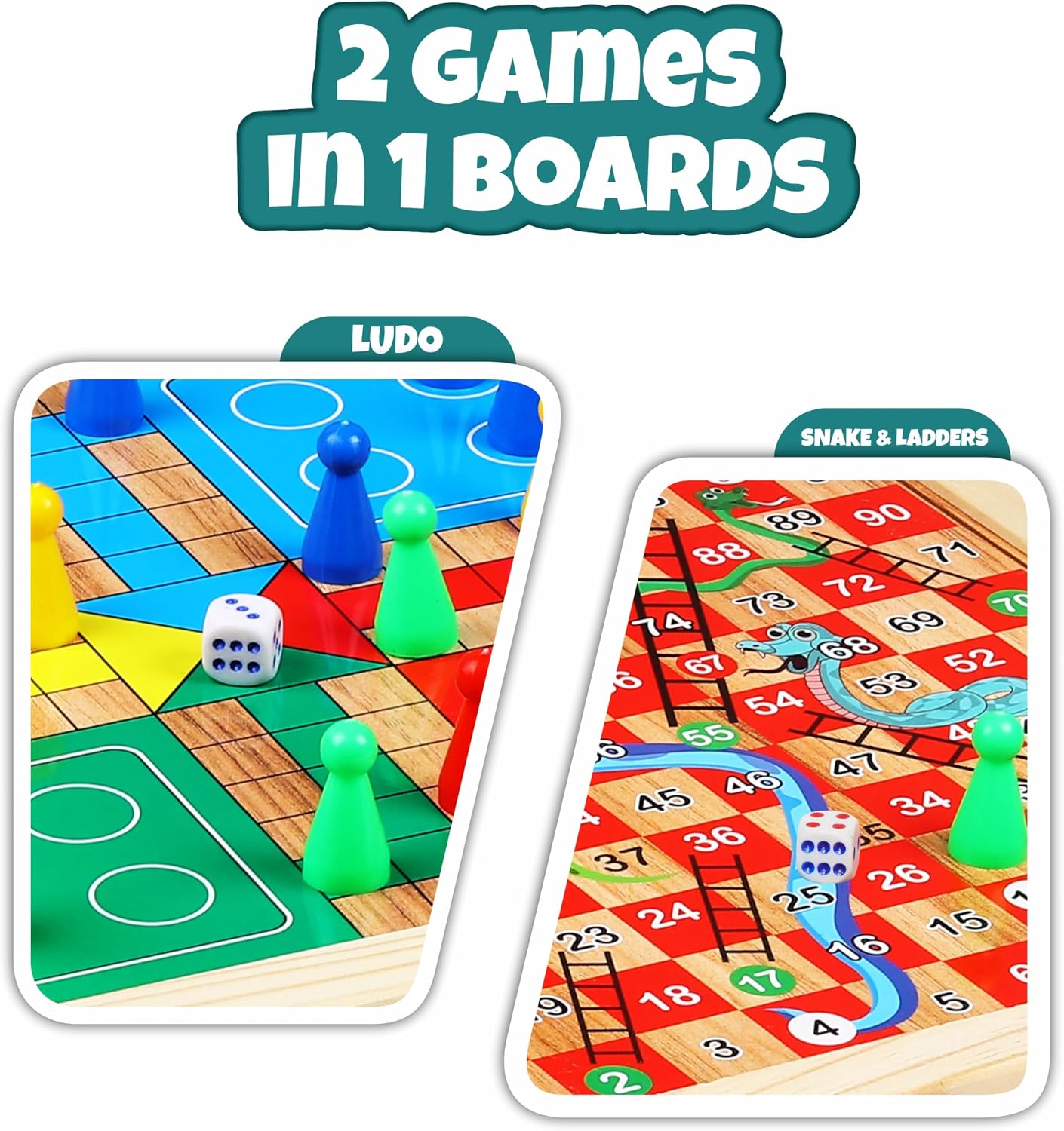 Ankit Toys & Games 2 in 1 Wooden Ludo, Snakes and Ladders Board Game Set for Kids and Adults, Classic Family Board