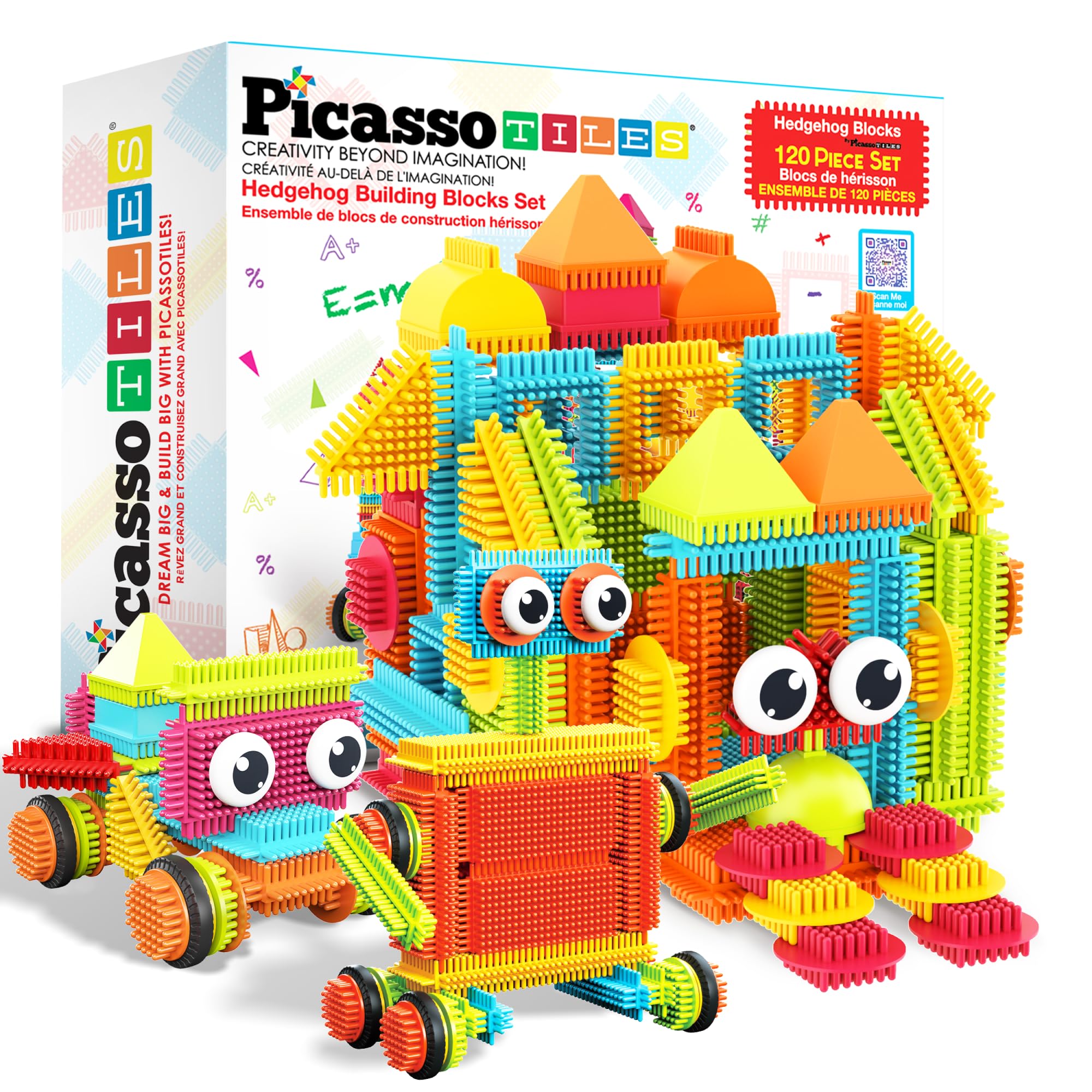 PicassoTiles 120pcs Hedgehog Interlocking Building Blocks Tiles Construction Toy Set Learning Playset STEAM Development Preschool Kindergarten Toy for Kids Age3+ PTB120 Multicolored