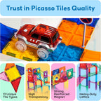 PicassoTiles 108pc Magnetic Marble Run Set with Building Tiles Race Track Car Slides Set