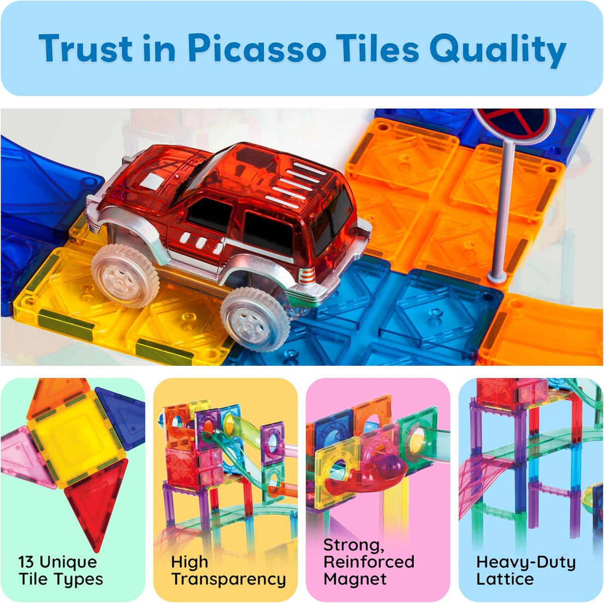 PicassoTiles 108pc Magnetic Marble Run Set with Building Tiles Race Track Car Slides Set