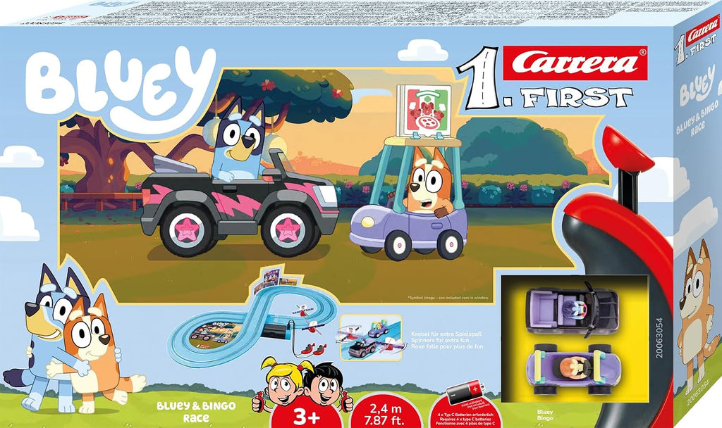 Carrera FIRST First Year Bluey & Bingo Slot Car Racing Set (2.4m) I Battery