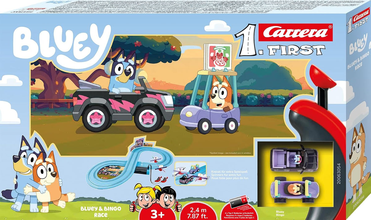 Carrera FIRST First Year Bluey & Bingo Slot Car Racing Set (2.4m) I Battery