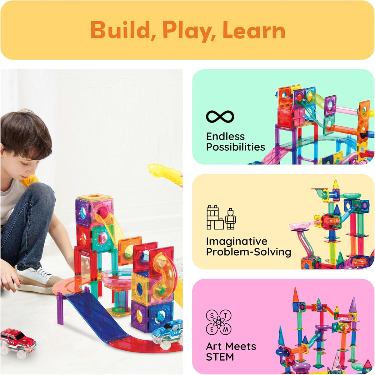 PicassoTiles 108pc Magnetic Marble Run Set with Building Tiles Race Track Car Slides Set