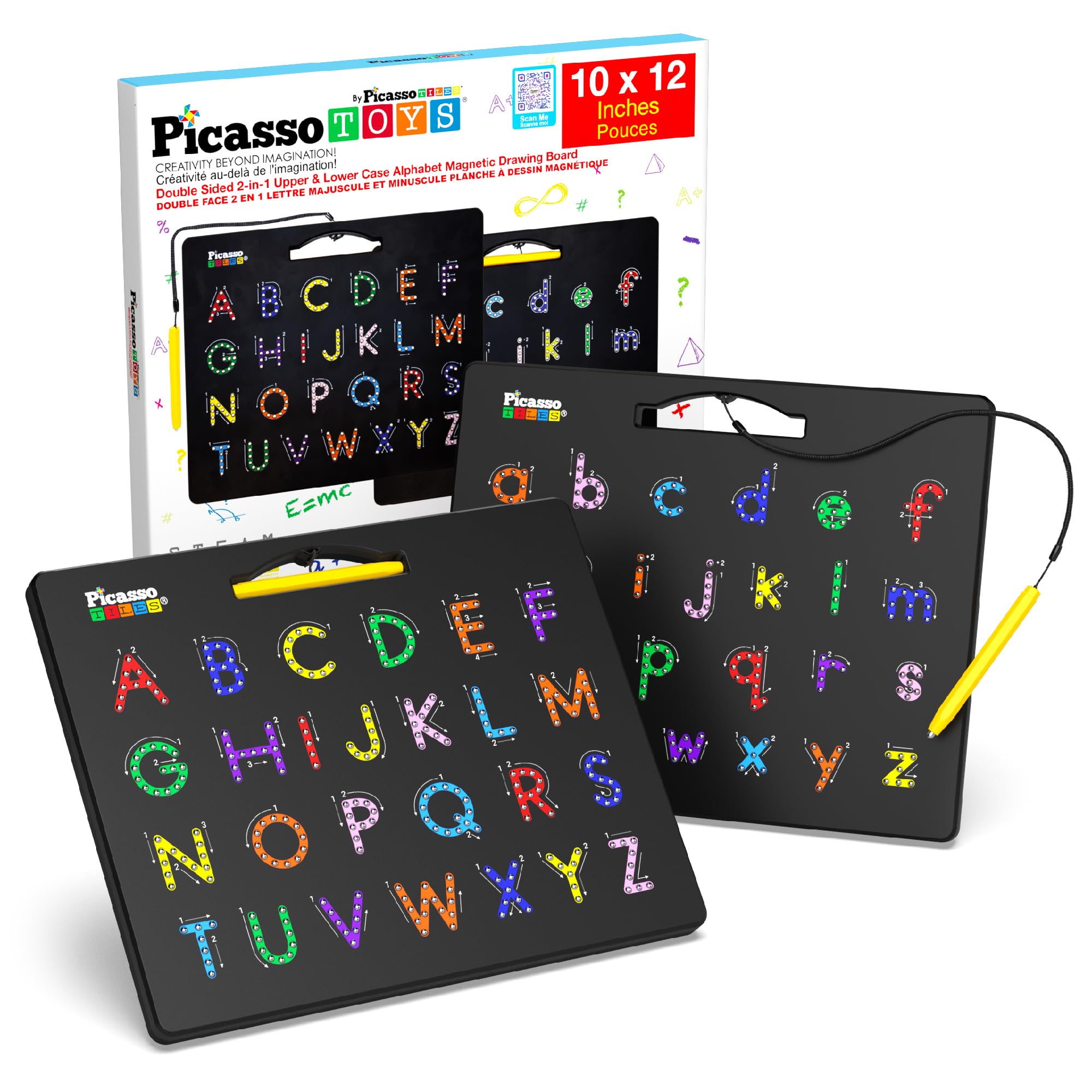 PicassoTiles Magnetic Alphabet Board 12x10 in Dual Sided Learning Pad with Upper and Lowercase Letter Tracing Stylus Pen Reusable Erasable Educational Toy Kids Preschool Montessori Writing Tool PTB03 2-in-1 Alphabets