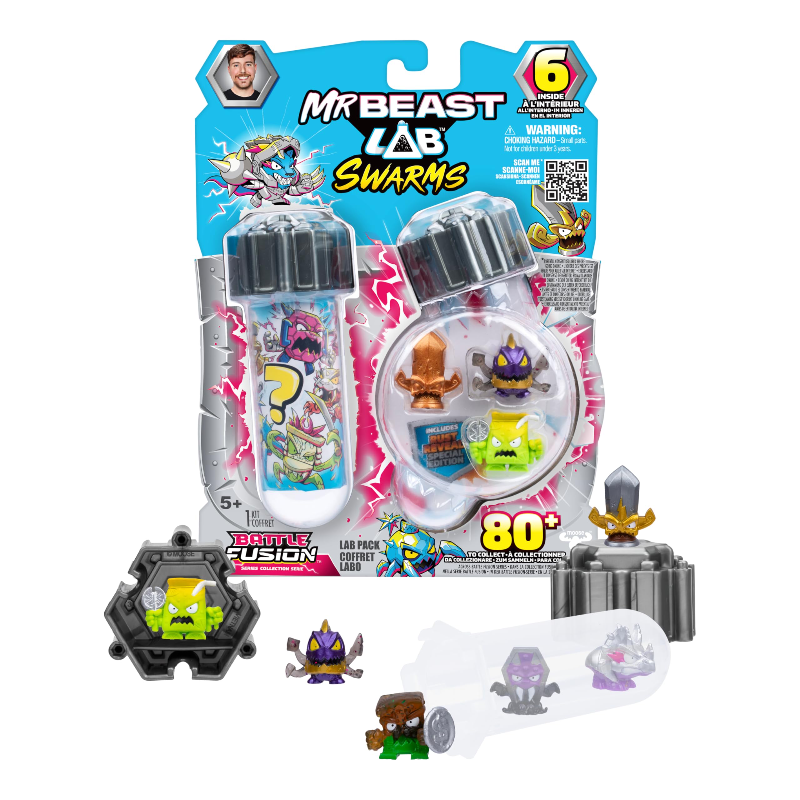 MrBeast Lab Swarms Battle Fusion Series, Collect 80+ Unique 1" (2.5 cm) Swarms, Lab Pack Includes 6 Micro Beasts, 6 Collectible Stickers & 1 Stackable Fusion Caps to Build Out Your Own MrBeast Lab 6 Pack