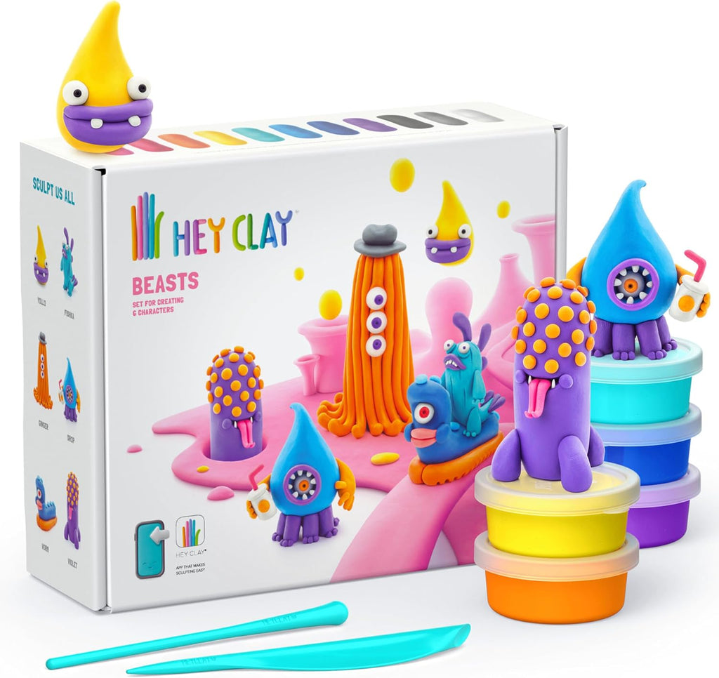 Hey Clay - Beasts Set-Colourful Modeling Kids-Air Dry Clay Kit 15 cans and Sculpting