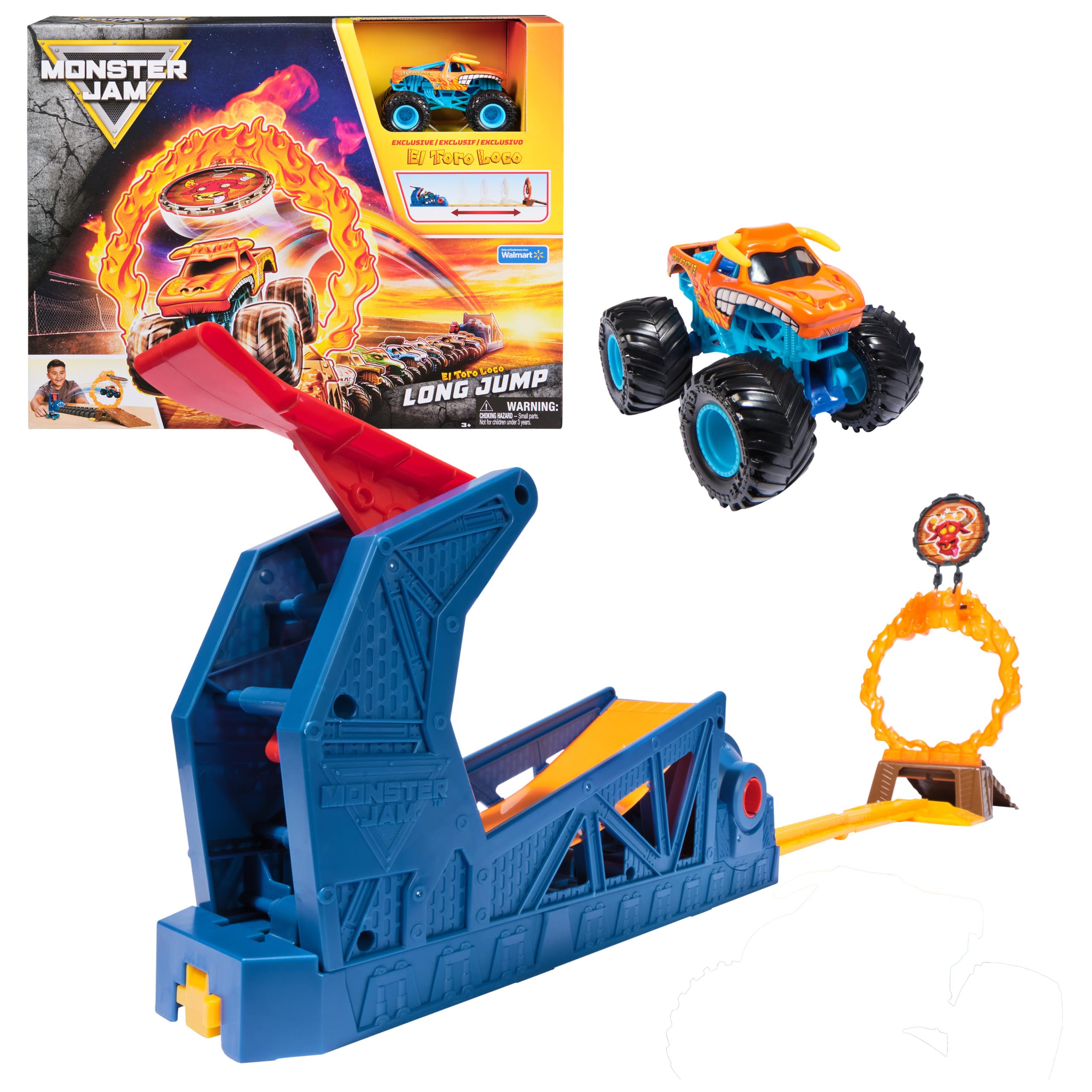 Monster Jam El Toro Loco Long Jump Playset, Exclusive Edition, Includes Die-Cast Truck, Ramp Launcher, Flaming Ring & Crush Cars, Stunt Toy for Kids Ages 3+ by Spin Master