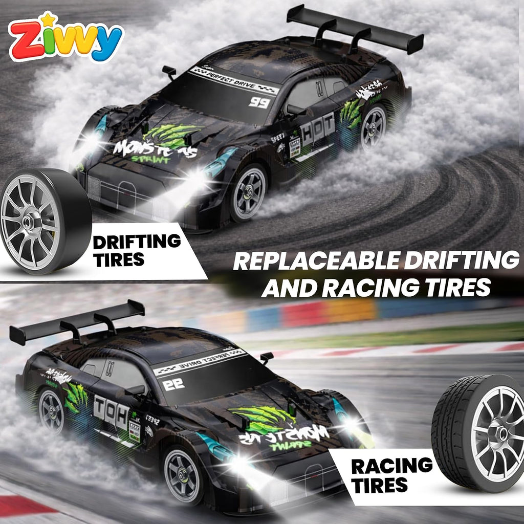 Zivvy Big Remote Control Car Black | 2.4G RC Drift Vehicle with 100 m Range, Smoke Effect, Neon Lights & Music | Rechargeable Remote Control Car | Best Gift for Boys & Girls 2 3 4 5 6 7 8+ Years