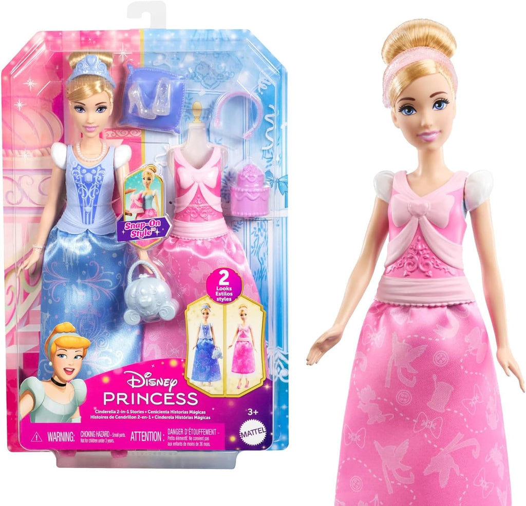 Mattel Disney Princess Toys, Cinderella Fashion Doll with 2 Looks, 9 Accessories, 2 Snap