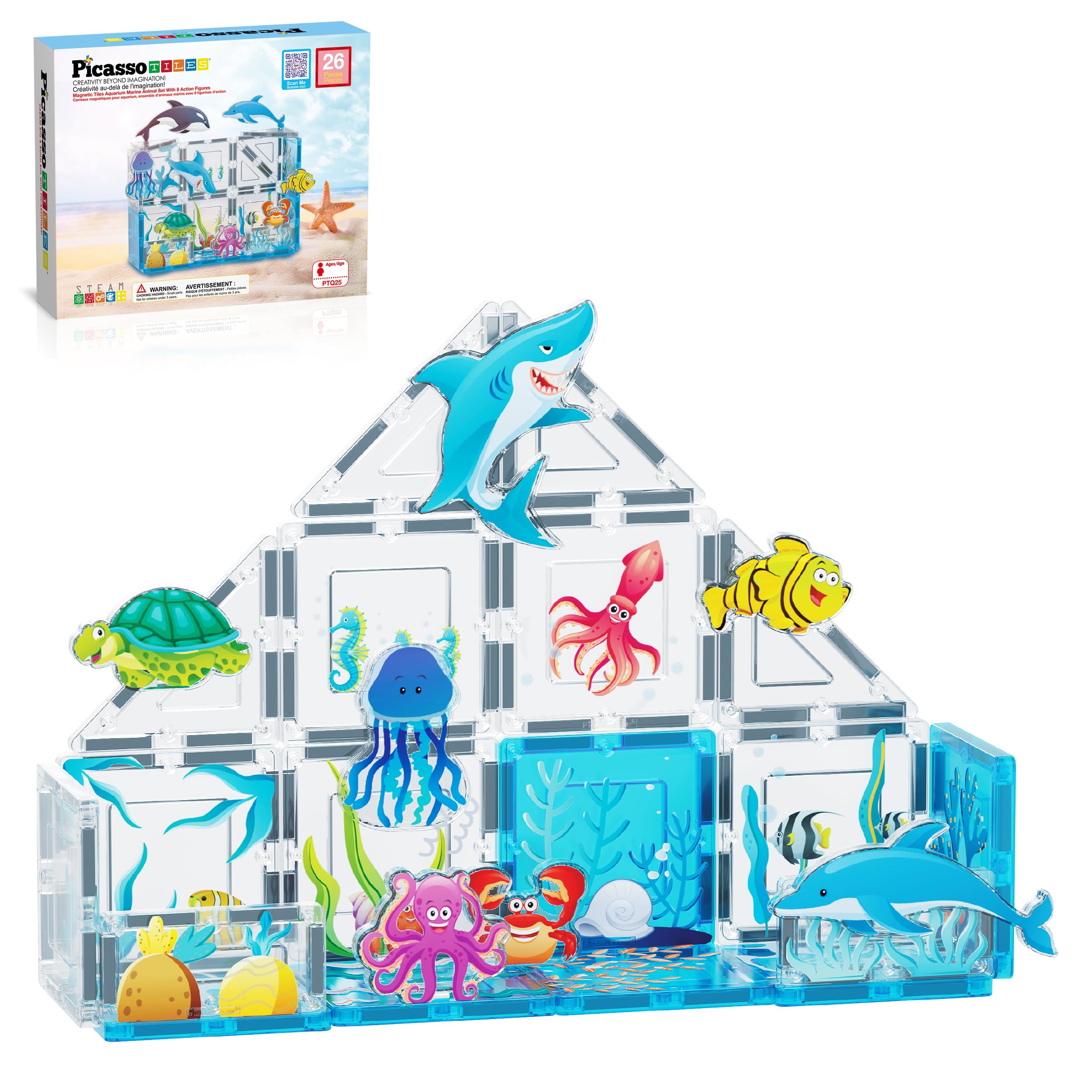 PicassoTiles Magnetic Tiles Magnet Tile Building Blocks Marine Animal World Themed Set with 8 Ocean Character Action Figures STEM Learning Toy Construction Toddlers Boys Girls Ages 3+ PTQ25