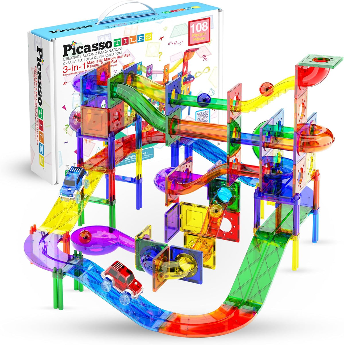 PicassoTiles 108pc Magnetic Marble Run Set with Building Tiles Race Track Car Slides Set