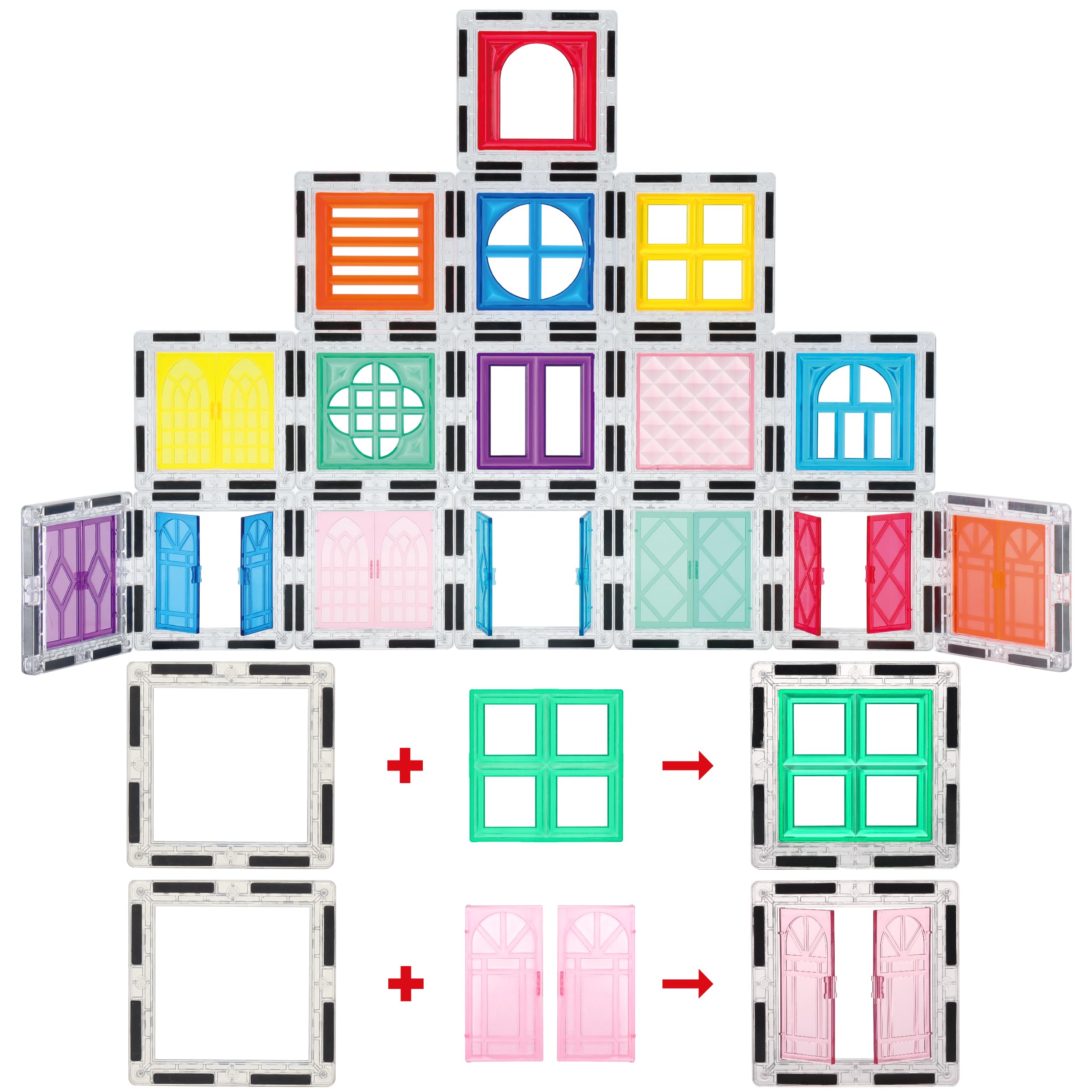 PicassoTiles 40pcs Magnetic Tiles Clip-in Window and Door Expansion Set, Magnetic Block Add-ons, Magnet Building Construction Toys, STEM Education Learning Block for Toddler Boys and Girls 3+ PTW40 Red