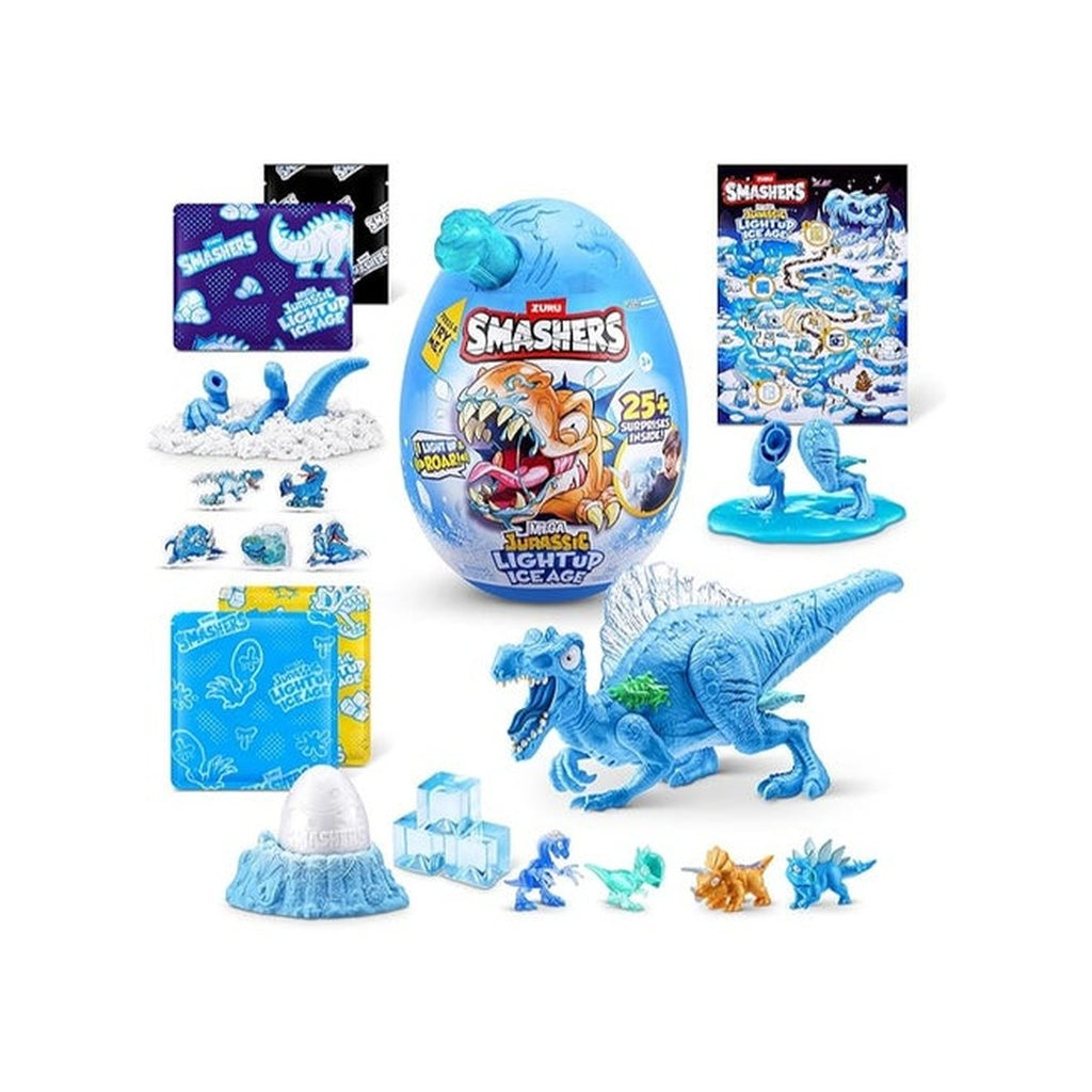 Smashers Mini Jurassic Light Up Ice Age Egg for Kids, Dinosaur Toy with 6+ Surprises, Slime, Sand, Stickers, Build & Light-Up Dino, Collectible Prehistoric Creatures, Indoor Play, Ages 3+