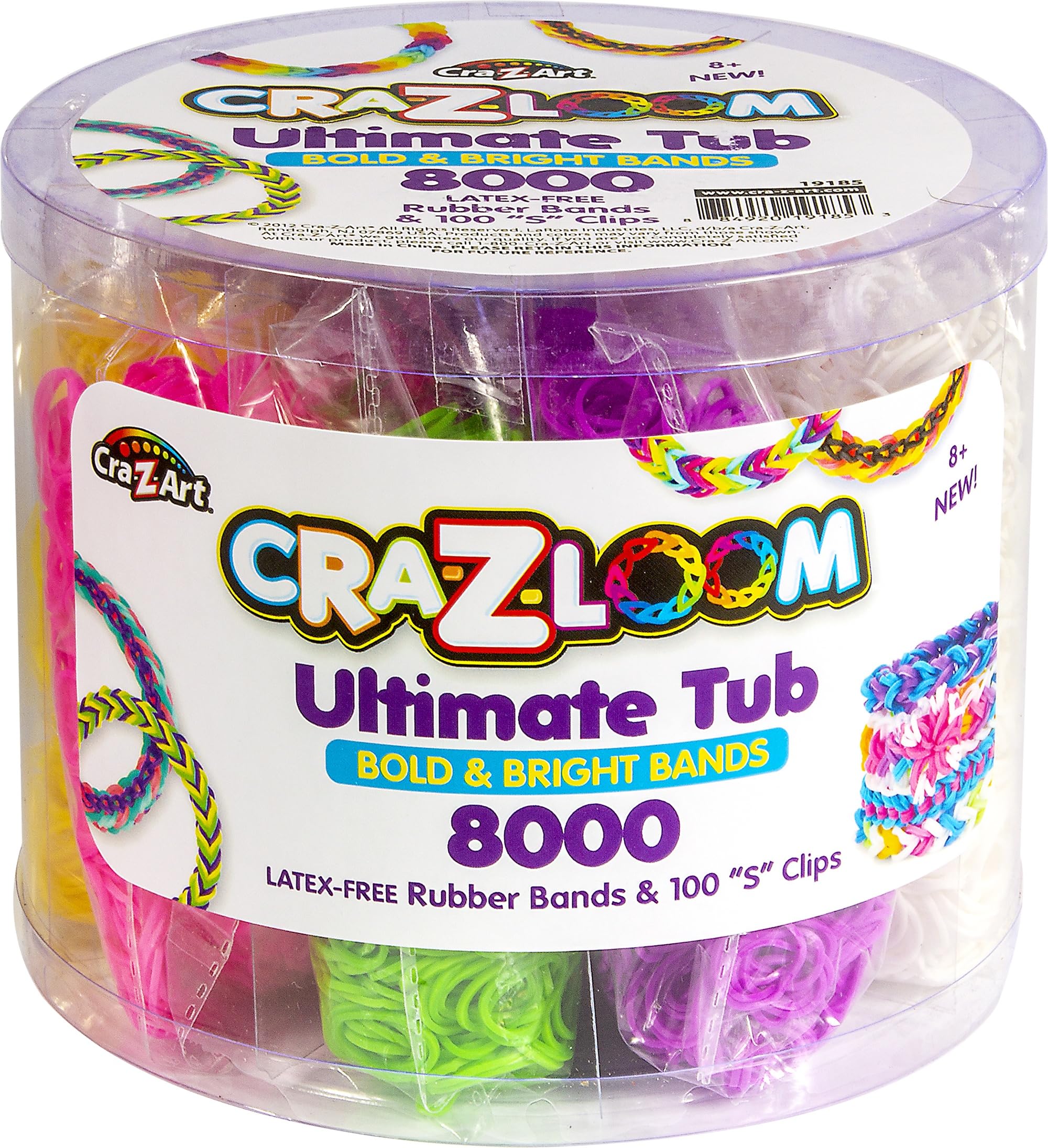 Cra Z Art Cra-Z-Loom Ultimate Tub 8000 Latex Free Rubber Bands and 100 “S” Clips for Making Crafts in Bold and Bright Colors,