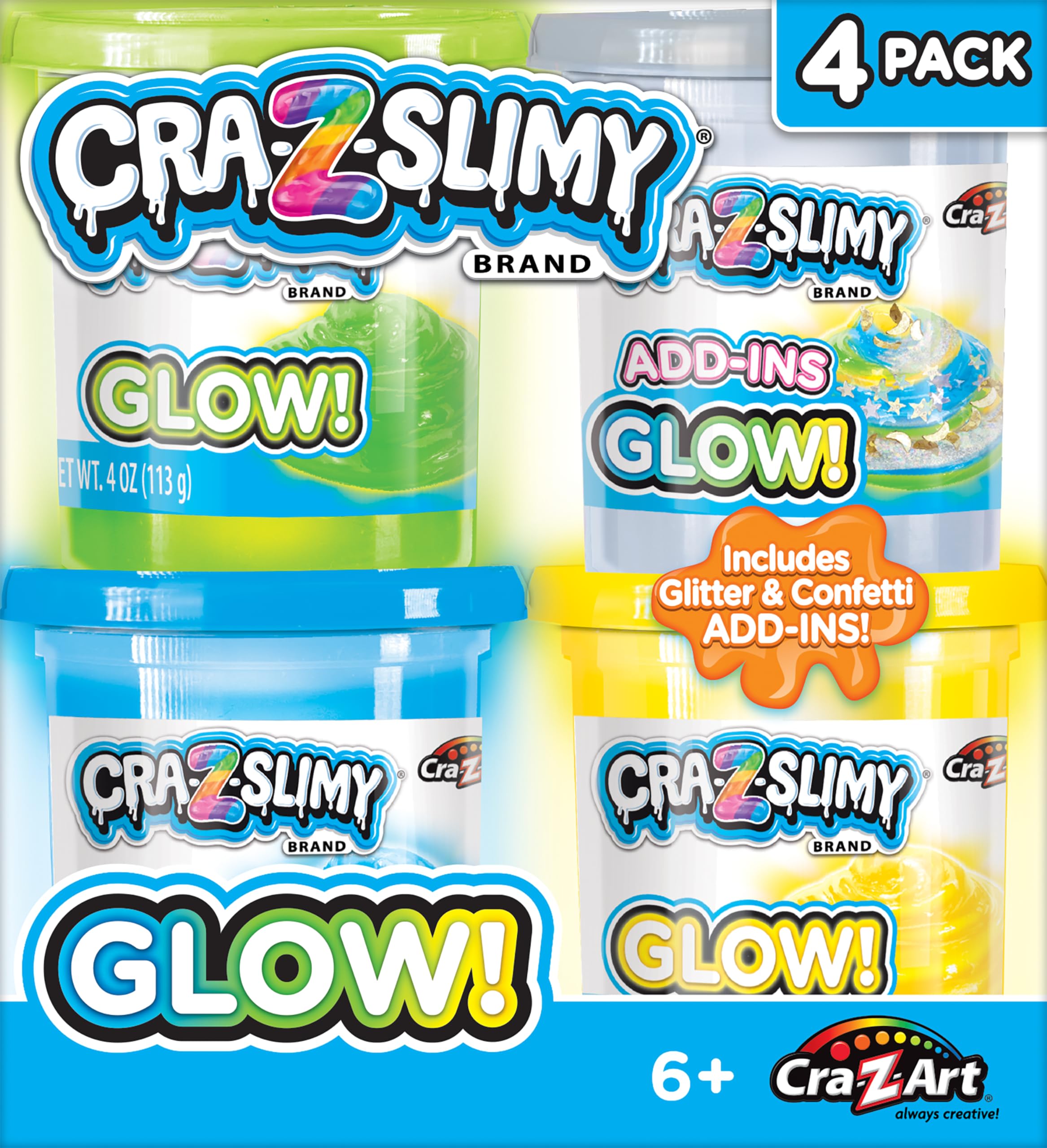 Cra-Z-Slimy Glow! 4 Pack Multicolor Premade Slime Set – Comes with 3 Slime Colors and Add-Ins, Ages 6 and Up