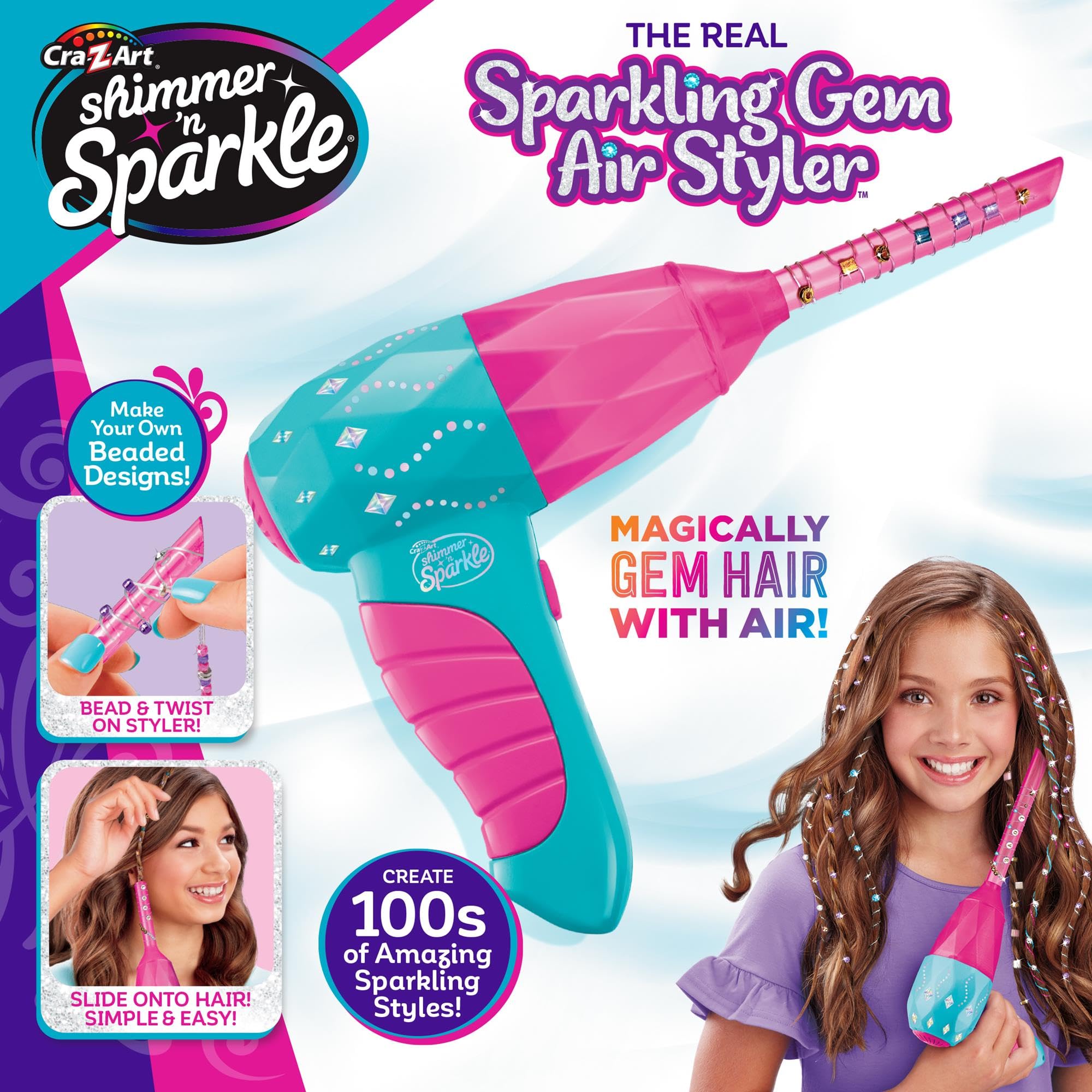 CRA-Z-ART 65609 Shimmer N Real Sparkling Air Styler Create Beaded gem Threads for Childrens Hair Present for Girls Aged 8 and