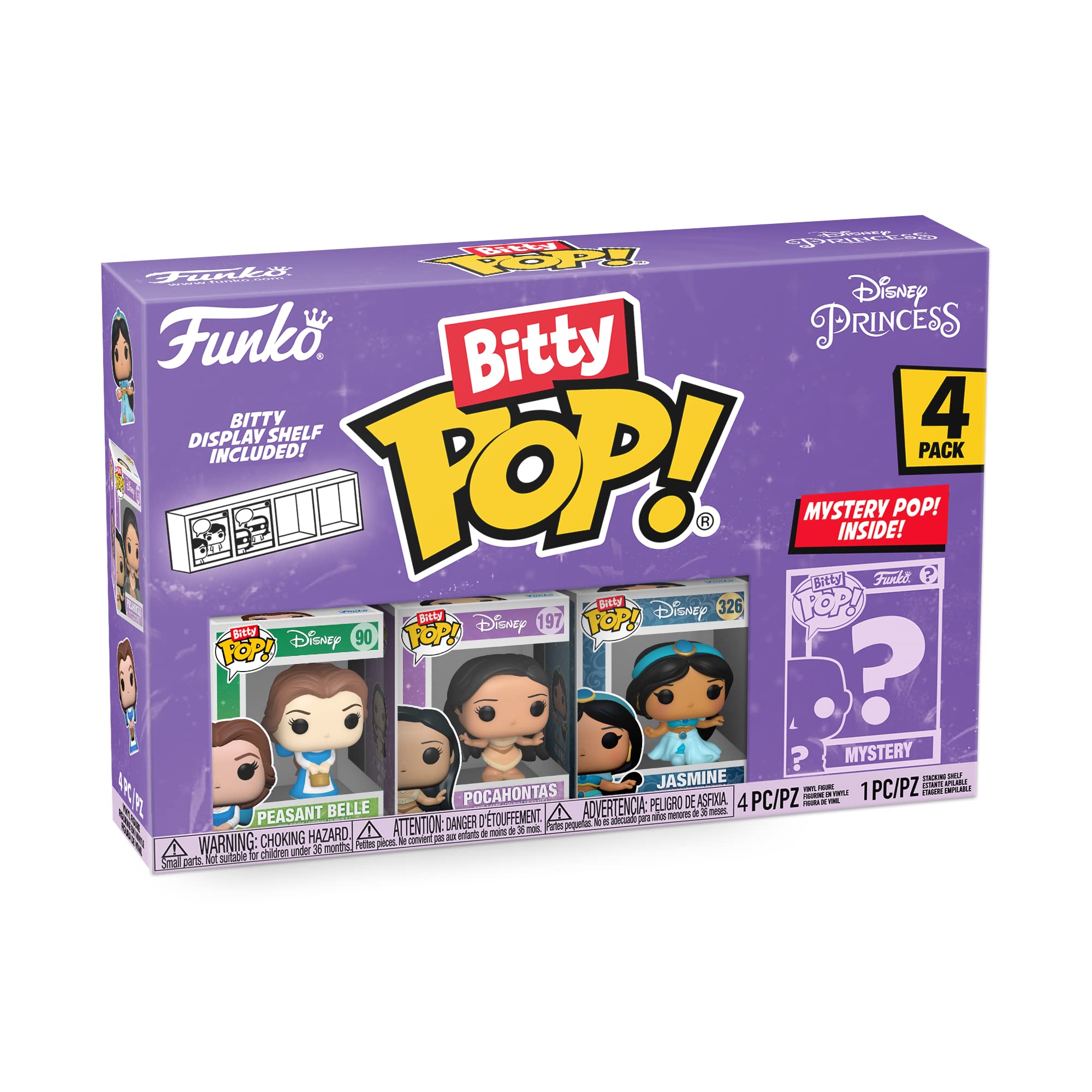 Funko Bitty Pop! Disney Princesses - 4-Pack - Peasant Belle, Pocahontas, Jasmine and A Surprise Mystery Mini Figure - 0.9 Inch (2.2 Cm) Collectable - Stackable Display Shelf Included - Gift Idea