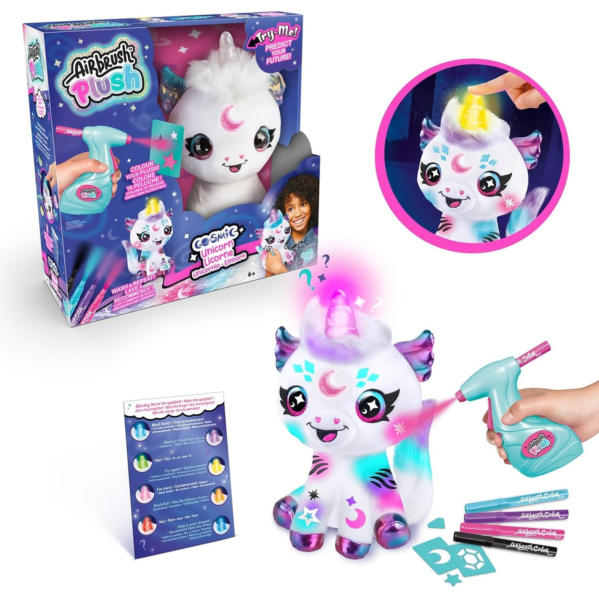 Canal Toys - Airbrush Plush - Customisable Cosmic Unicorn Soft Toy with Luminous Horn - with Prediction Card, Markers and Ste
