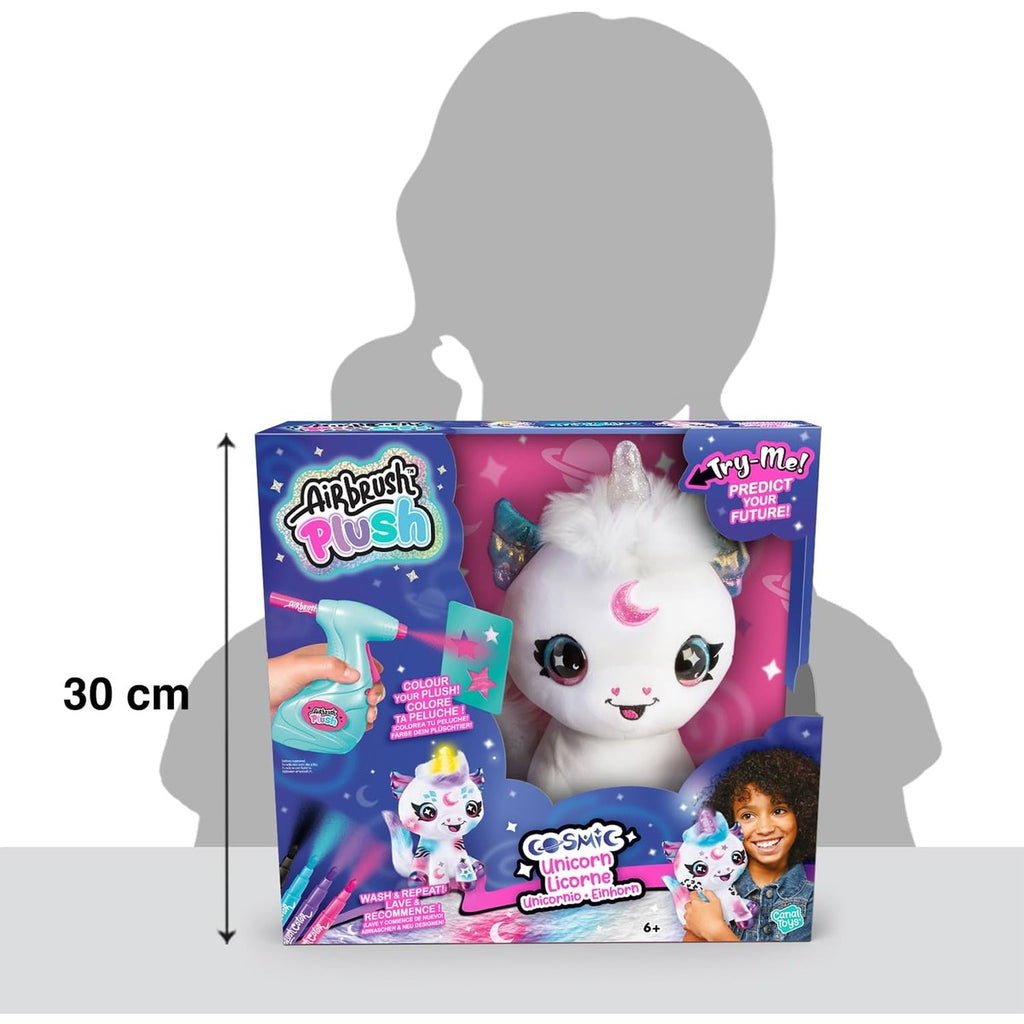 Canal Toys - Airbrush Plush - Customisable Cosmic Unicorn Soft Toy with Luminous Horn - with Prediction Card, Markers and Ste