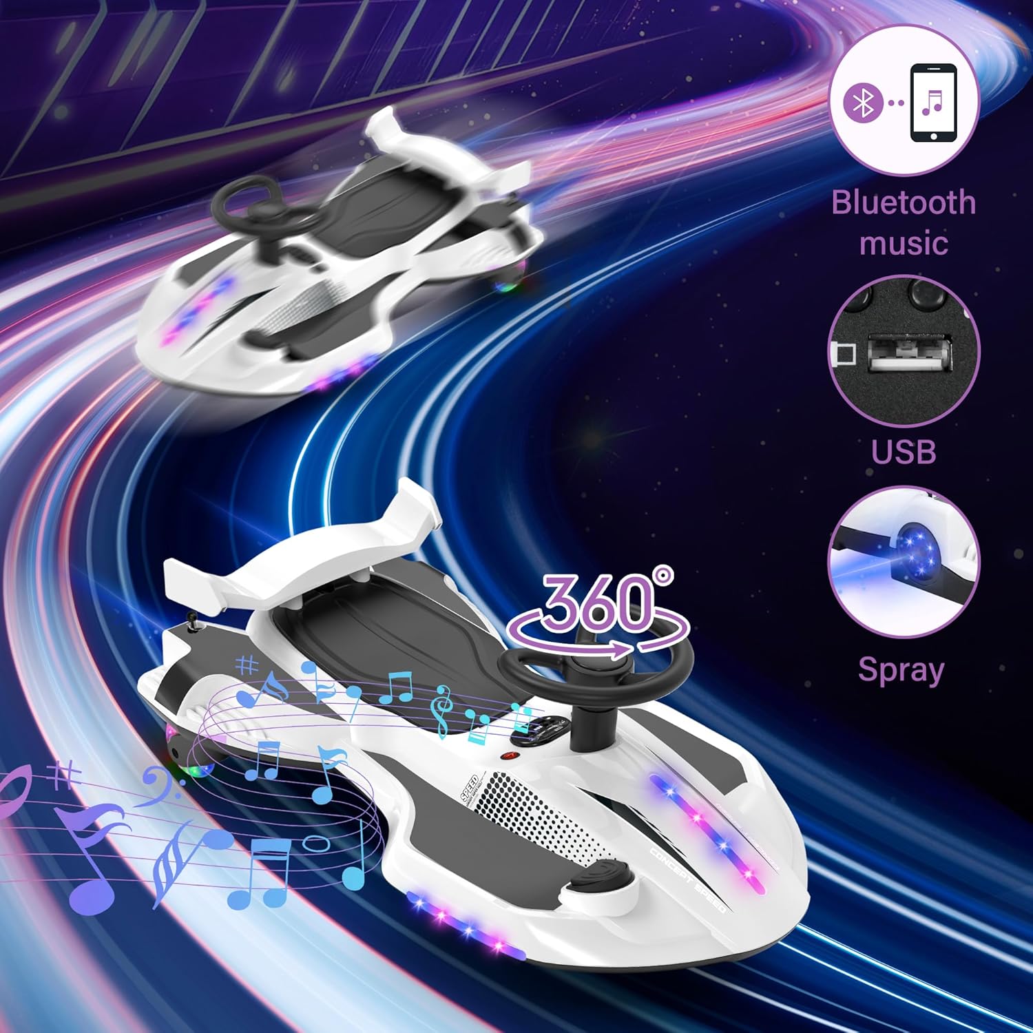 12V Electric Wiggle Car with Pedal for Kids, Rechargeable 2 in 1 Swing Car, Drifting Ride On Toys with Backrest, Anti-Rollover, Spray, Flashing Light, Music, for Ages 3 and Up (White)