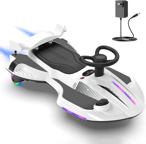 12V Electric Wiggle Car with Pedal for Kids, Rechargeable 2 in 1 Swing Car, Drifting Ride On Toys with Backrest, Anti-Rollover, Spray, Flashing Light, Music, for Ages 3 and Up (White)