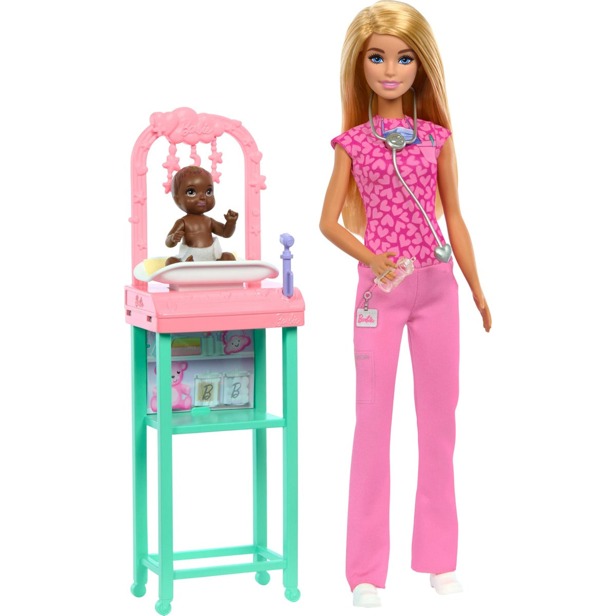 Barbie Baby Doctor Playset with Blonde Fashion Doll Wearing Pink Scrubs, Baby Doll, Furniture & Accessories Multicolor