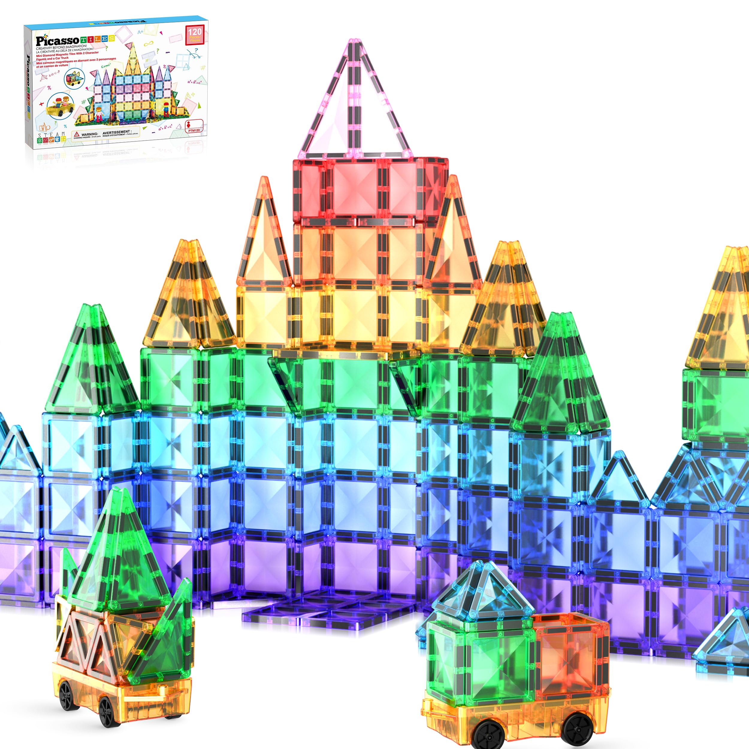 PicassoTiles 120pcs Mini Size Magnetic Tiles Magnet Toys Diamond Series Sensory Construction Building Blocks Set STEM Learning Travel Size Educational Toy for Kids Boys Girls Toddlers Age 3+ PTM120 Mini 120pcs 12.88*8.13*1.5in