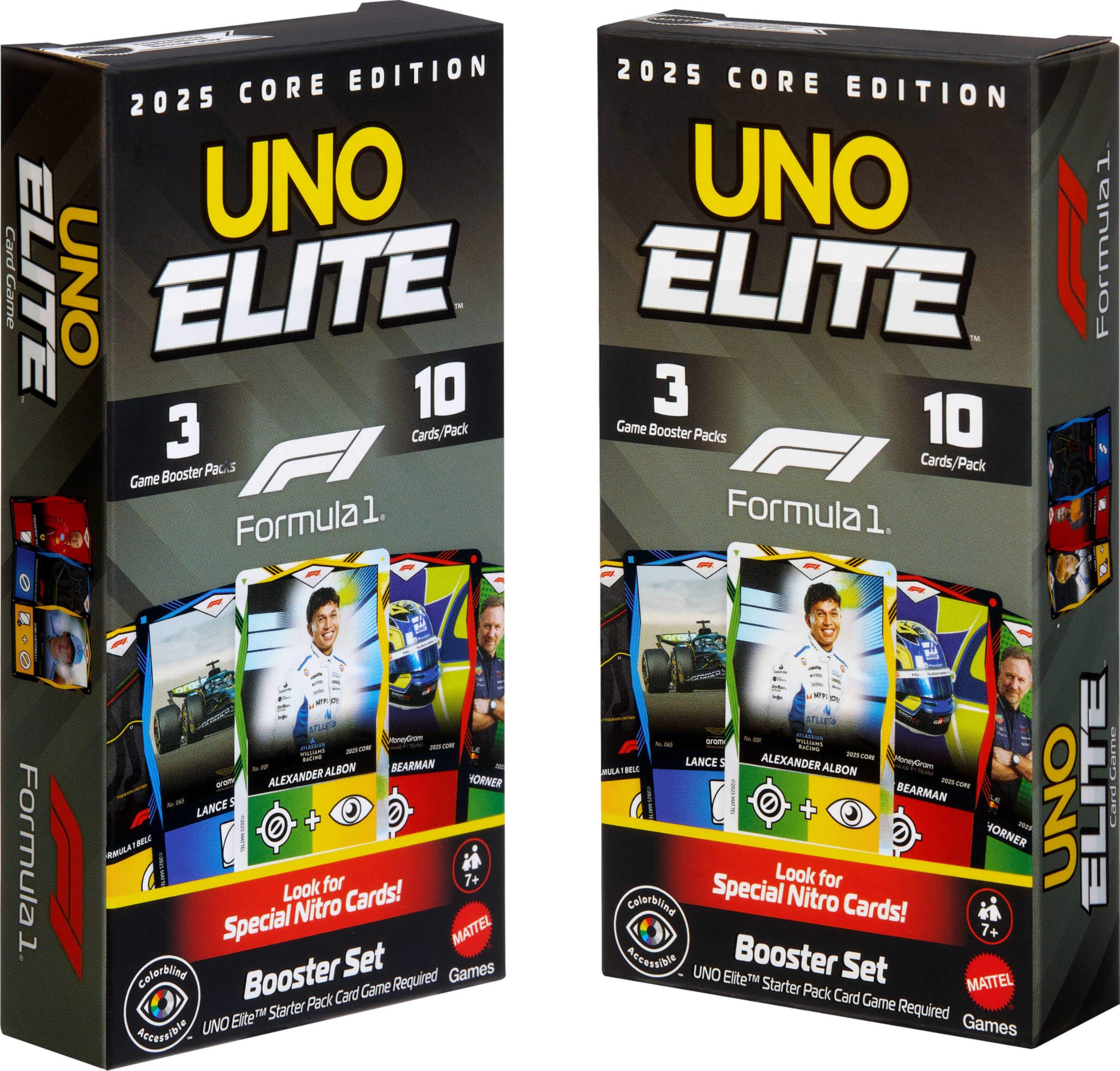 Mattel Games UNO Elite Formula 1 Booster Set 2 Pack with 60 Elite Action Cards, 2025 Core Edition
