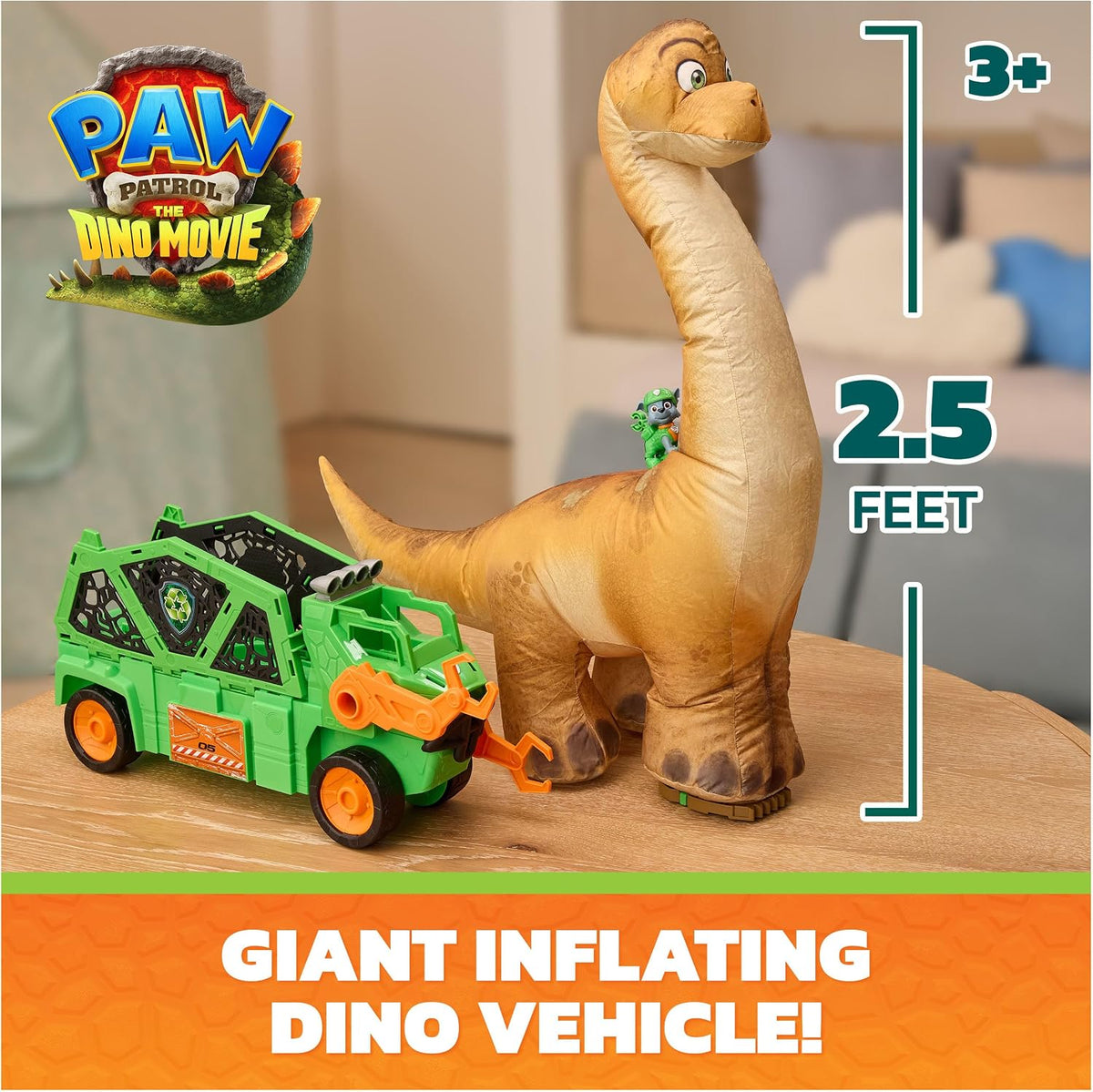 PAW PATROL: The Dino Movie Rocky's Megasaurus Transport Vehicle, Push Button Inflatable