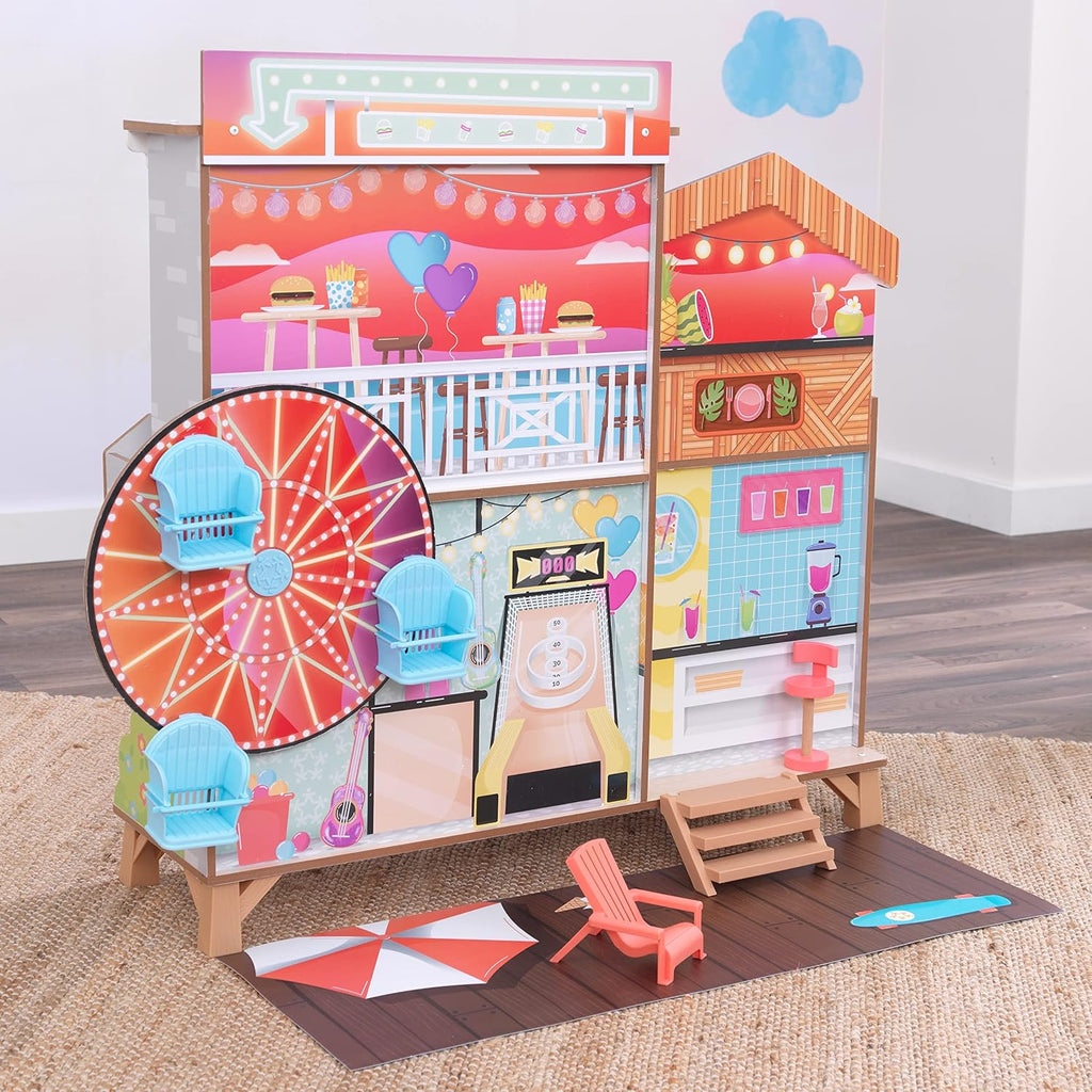 KidKraft Ferris Wheel Beach Wooden Dolls House with Furniture and Accessories Included, 3 Storey Play Set with Hammock and Beach Chair for 12 Inch/30 cm Dolls, Kids' Toys, 20053
