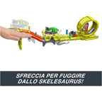 Hot Wheels Monster Trucks Track Set with 2 Toy Trucks: Oversized Skelesaurus &amp; 1:64 Scale Bone Shaker, Charge &amp; Chase Challenge with 2 Crushed Cars