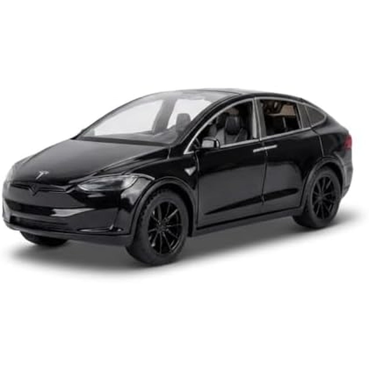 1:28 Scale Electric SUV Car Model Car with Open Up Rear Doors Special Display Base Light and Sound (Black)