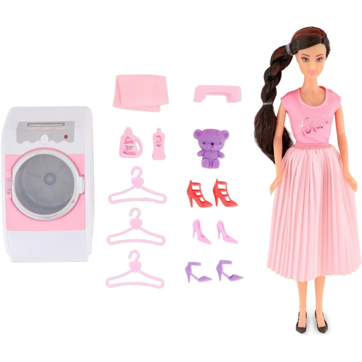 Fulla Doll with Washing Machine Set Includes Towels, Hangers Toy Bear Boxes and Shoes & Machine Features Light and